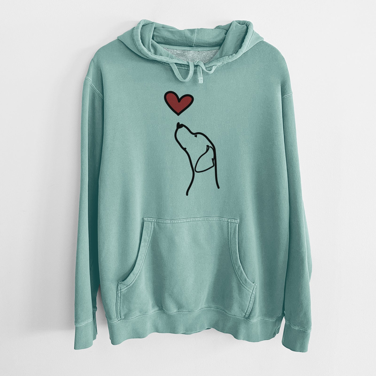 Minimalist line drawing of an English Pointer Profile with a red heart on a Mint Unisex pigment dyed hoodie