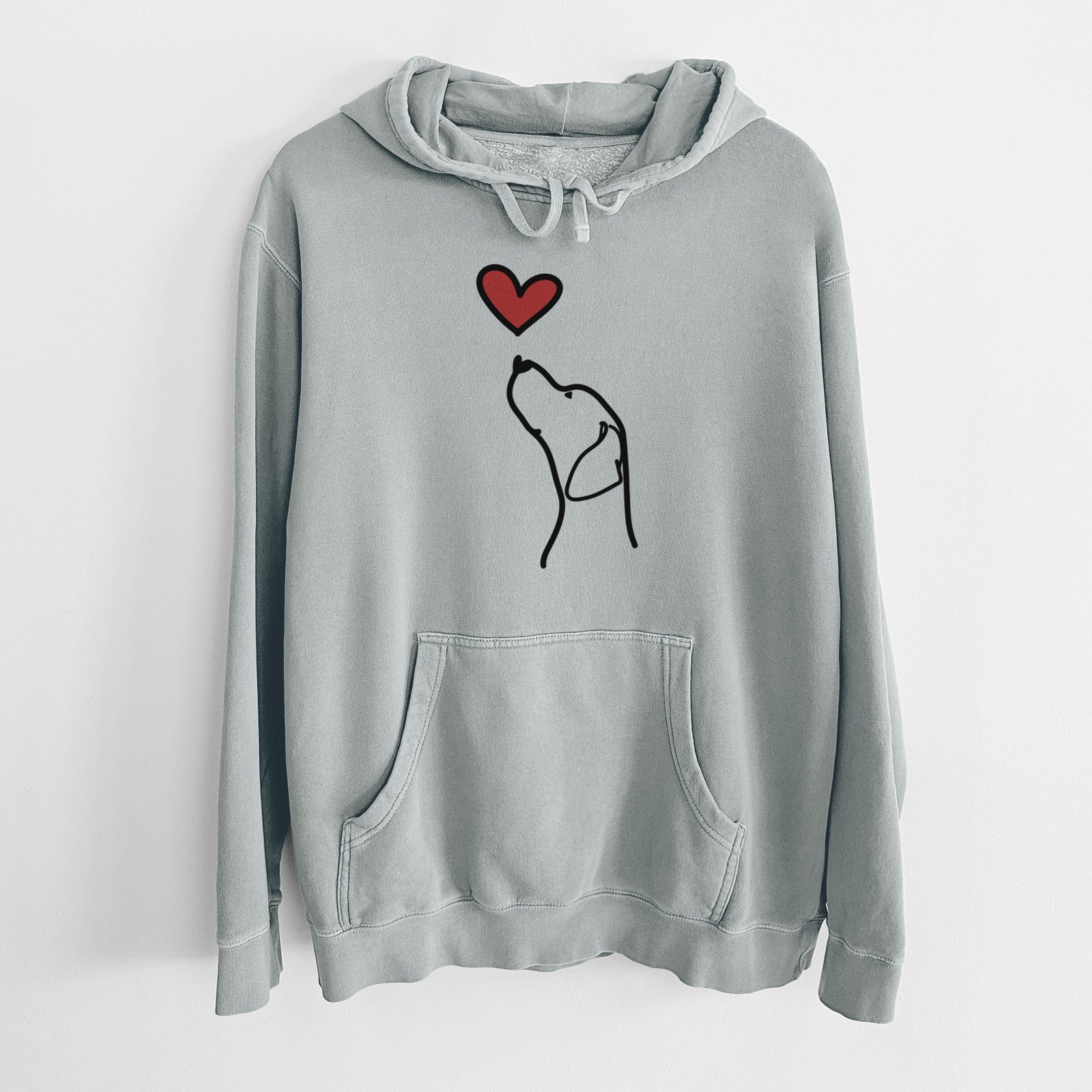 Minimalist line drawing of an English Pointer Profile with a red heart on a Sage Unisex pigment dyed hoodie
