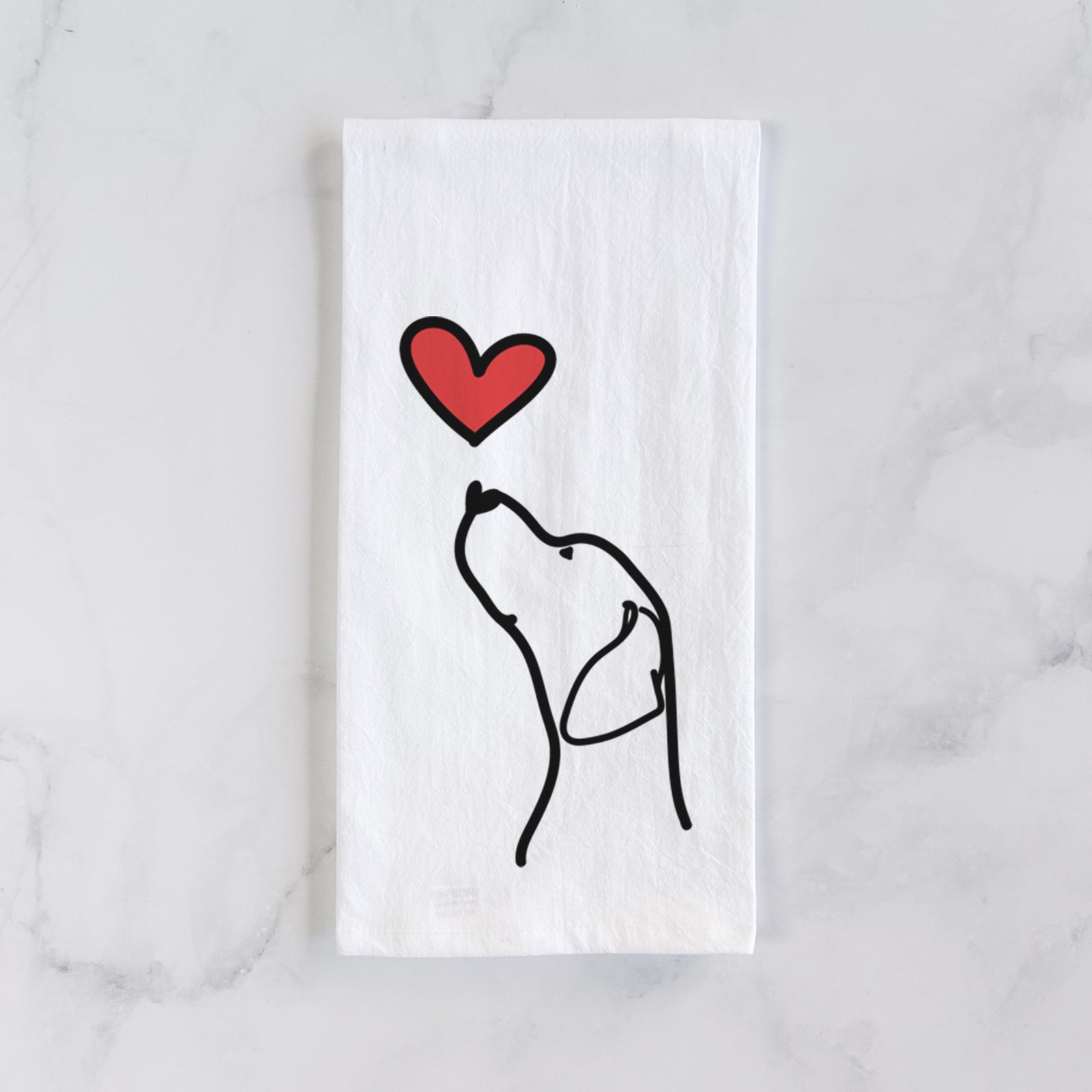 Minimalist line drawing of an English Pointer Profile with a red heart on a tea towel
