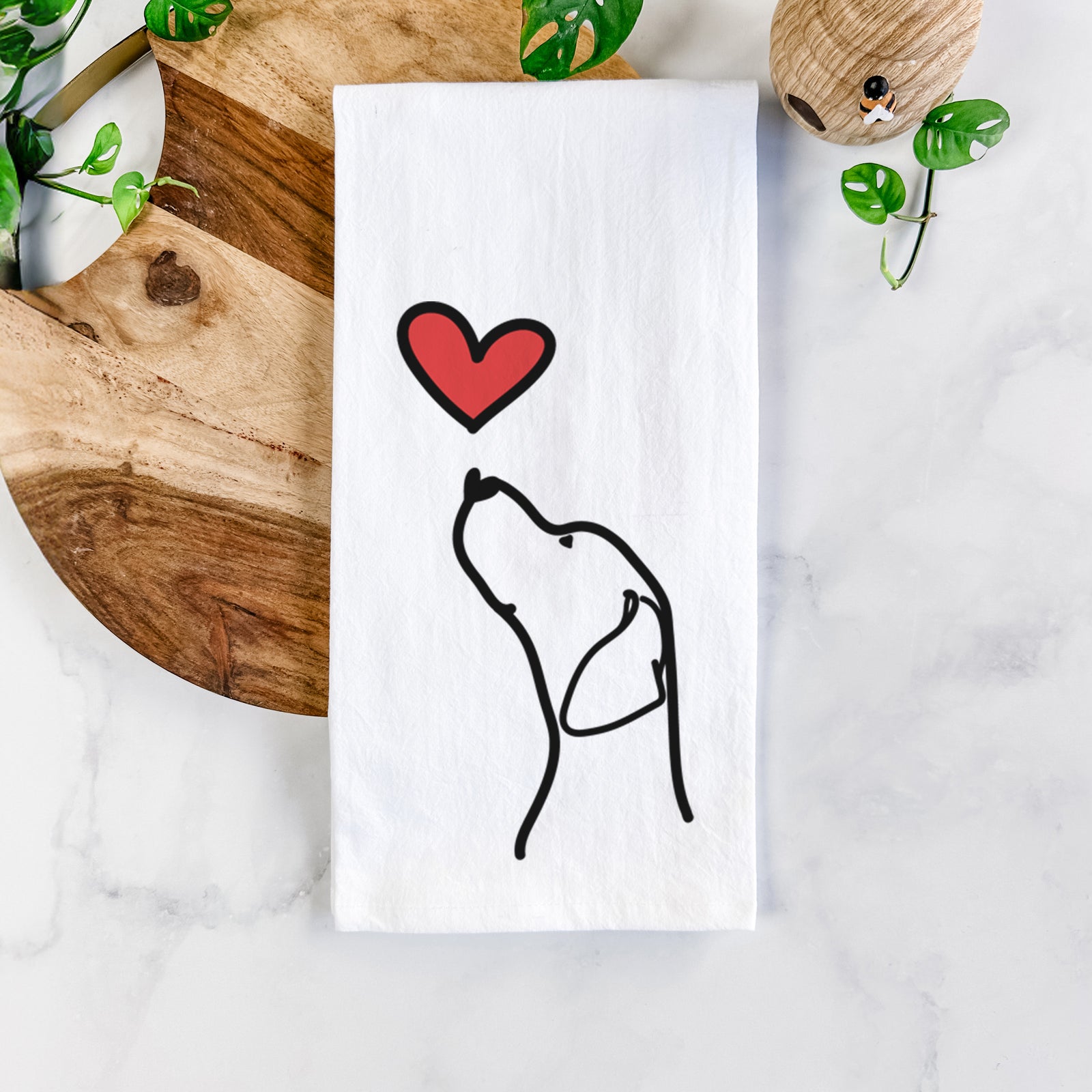 Minimalist line drawing of an English Pointer Profile with a red heart on a tea towel