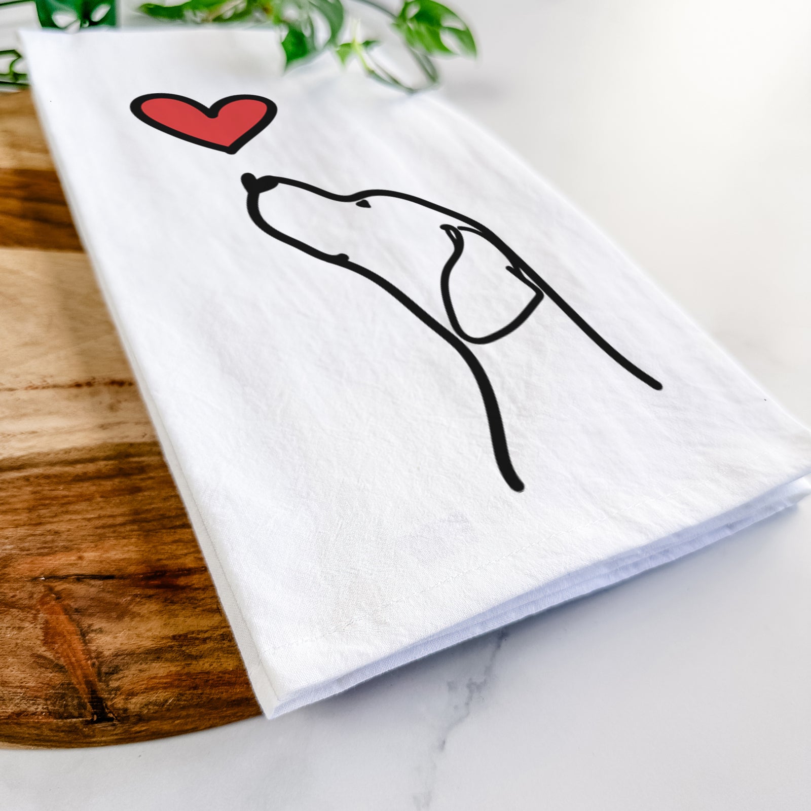 Minimalist line drawing of an English Pointer Profile with a red heart on a tea towel