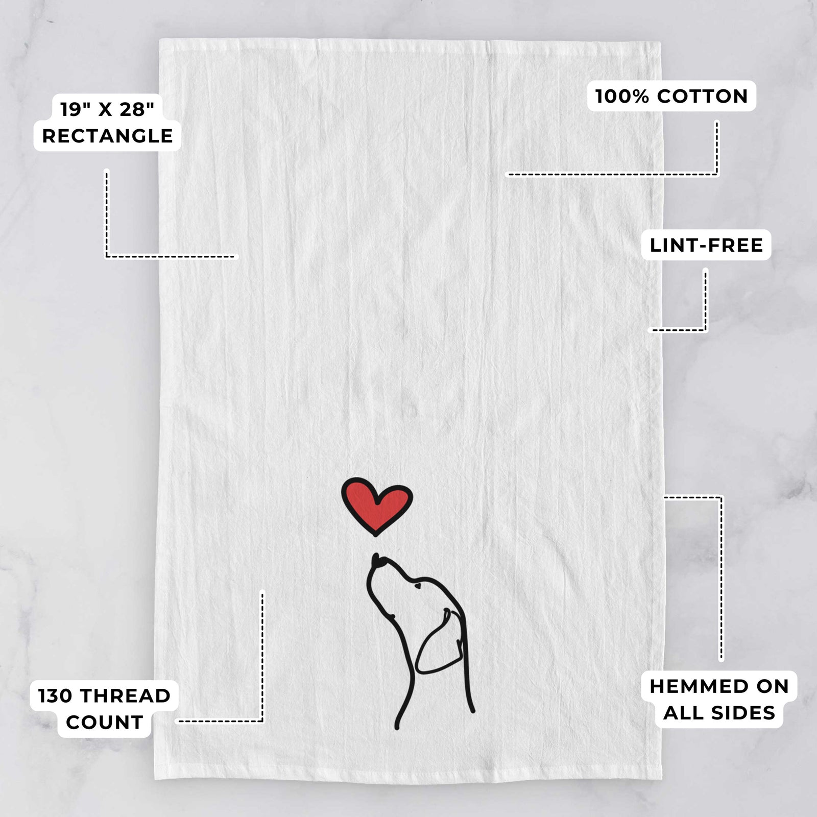 Minimalist line drawing of an English Pointer Profile with a red heart on a tea towel, with feature callouts: 19 x 28 inch rectangle, 100% cotton, lint-free, 120 thread count, hemmed on all sides