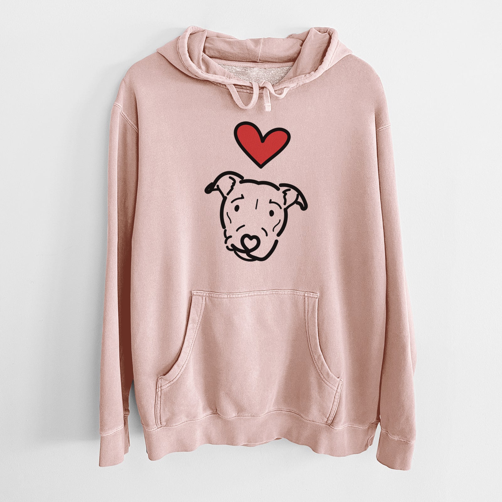 Minimalist line drawing of Ernie the Pitbull Mix with a red heart on a Dusty Pink Unisex pigment dyed hoodie