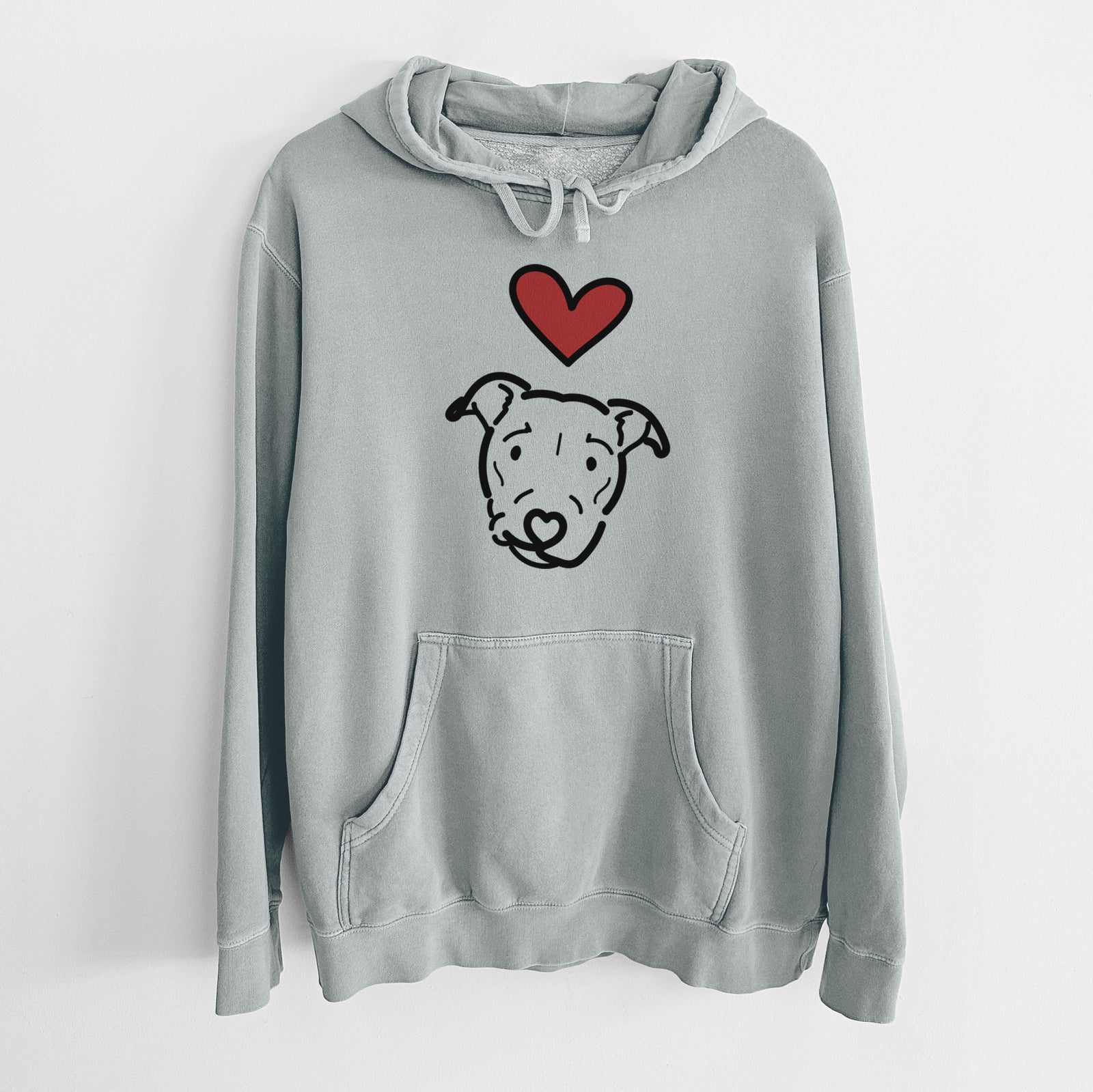 Minimalist line drawing of Ernie the Pitbull Mix with a red heart on a Sage Unisex pigment dyed hoodie