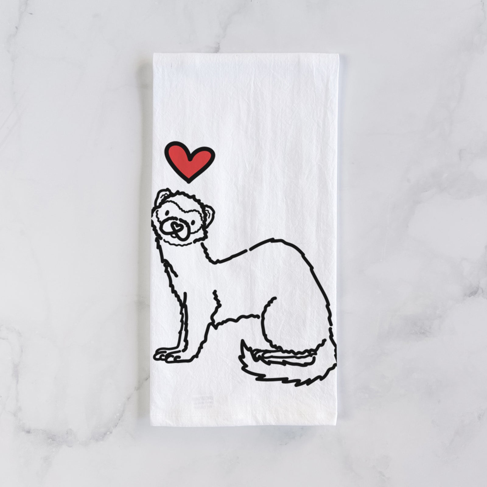 Minimalist line drawing of Fern the Ferret with a red heart on a tea towel
