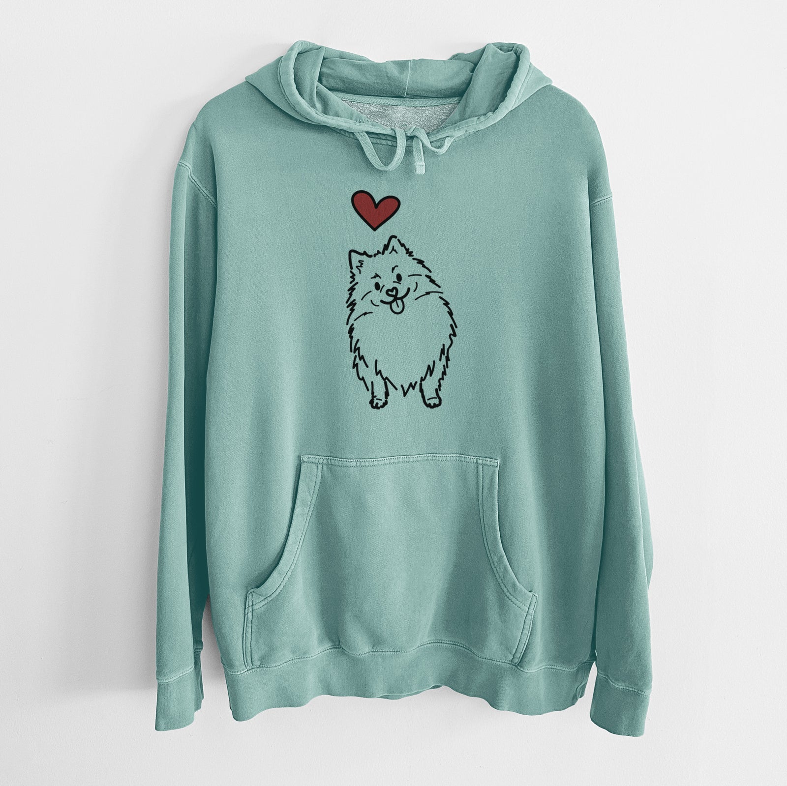 Minimalist line drawing of Fern the Pomeranian with a red heart on a Mint Unisex pigment dyed hoodie