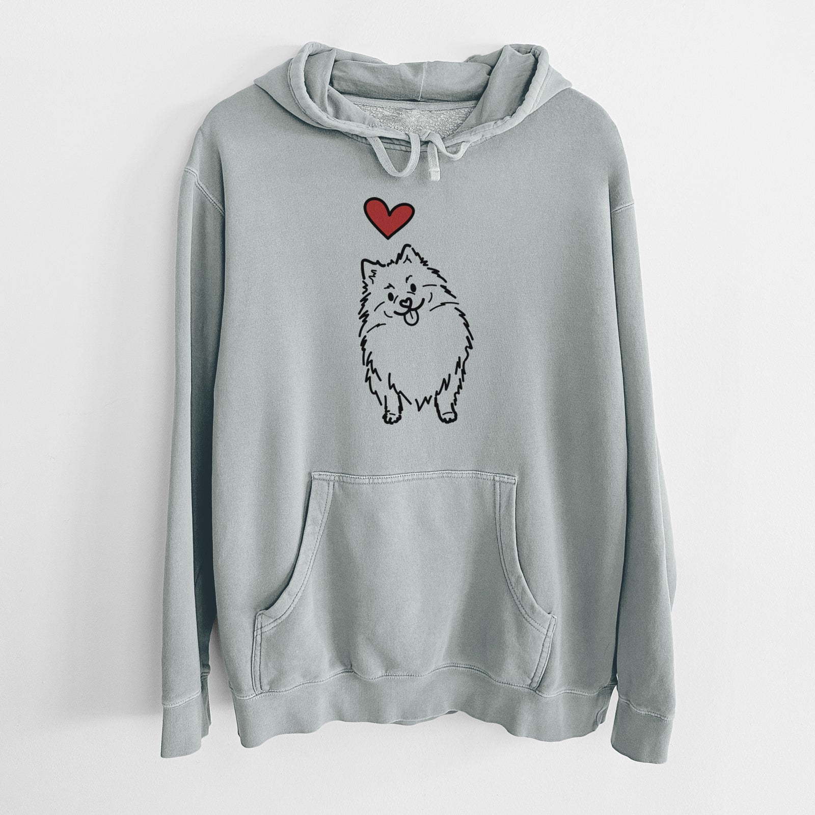 Minimalist line drawing of Fern the Pomeranian with a red heart on a Sage Unisex pigment dyed hoodie