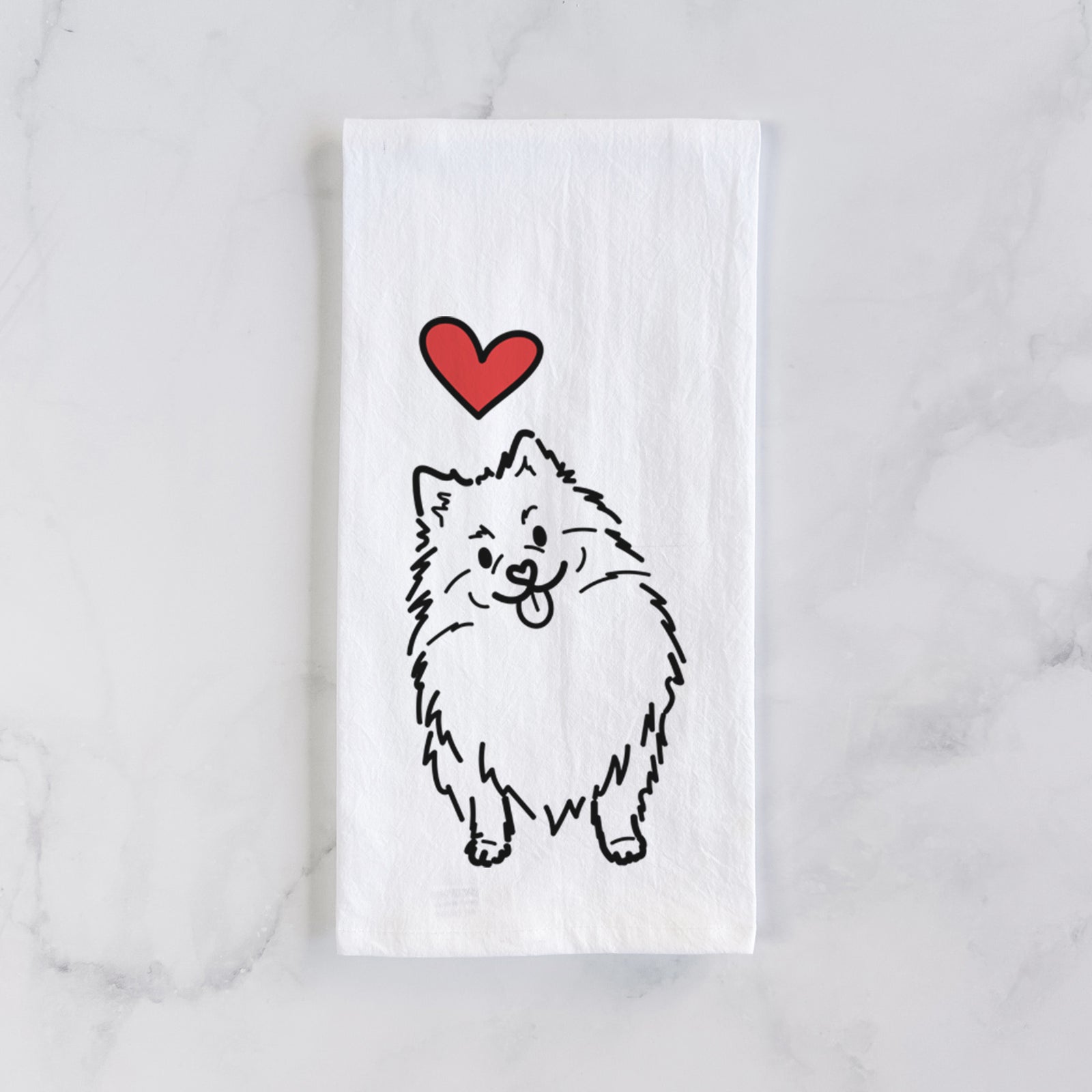 Minimalist line drawing of Fern the Pomeranian with a red heart on a tea towel