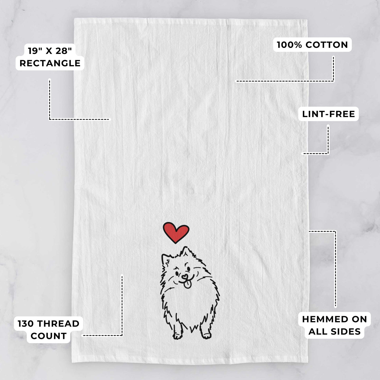 Minimalist line drawing of Fern the Pomeranian with a red heart on a tea towel, with feature callouts: 19 x 28 inch rectangle, 100% cotton, lint-free, 120 thread count, hemmed on all sides