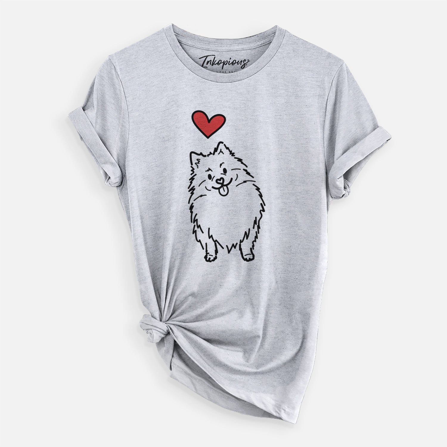 Minimalist line drawing of Fern the Pomeranian with a red heart on a Grey Unisex crewneck
