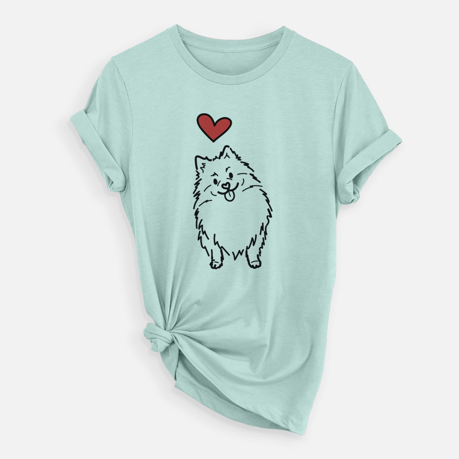 Minimalist line drawing of Fern the Pomeranian with a red heart on a Heather Sage Unisex crewneck
