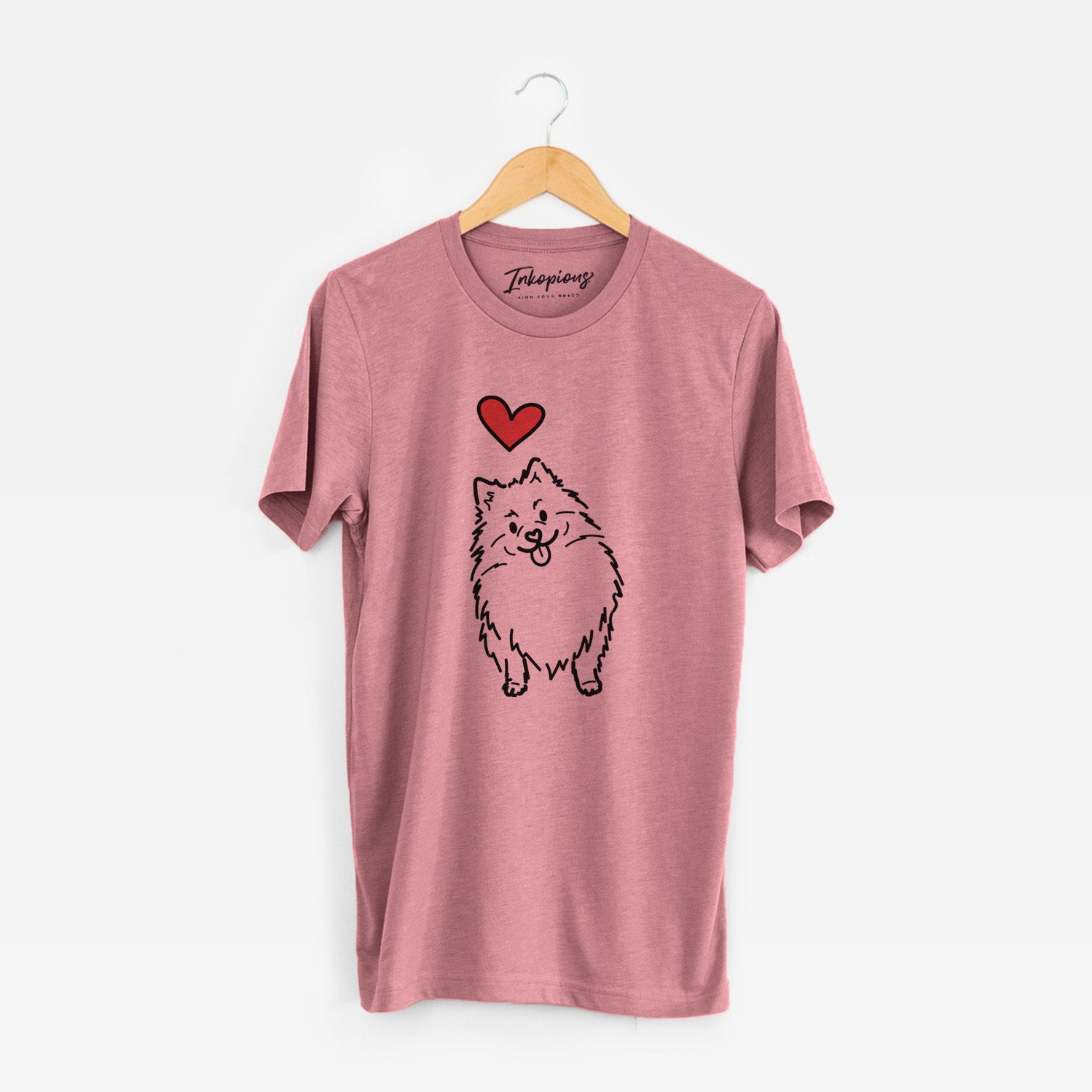 Minimalist line drawing of Fern the Pomeranian with a red heart on a Mauve Unisex crewneck