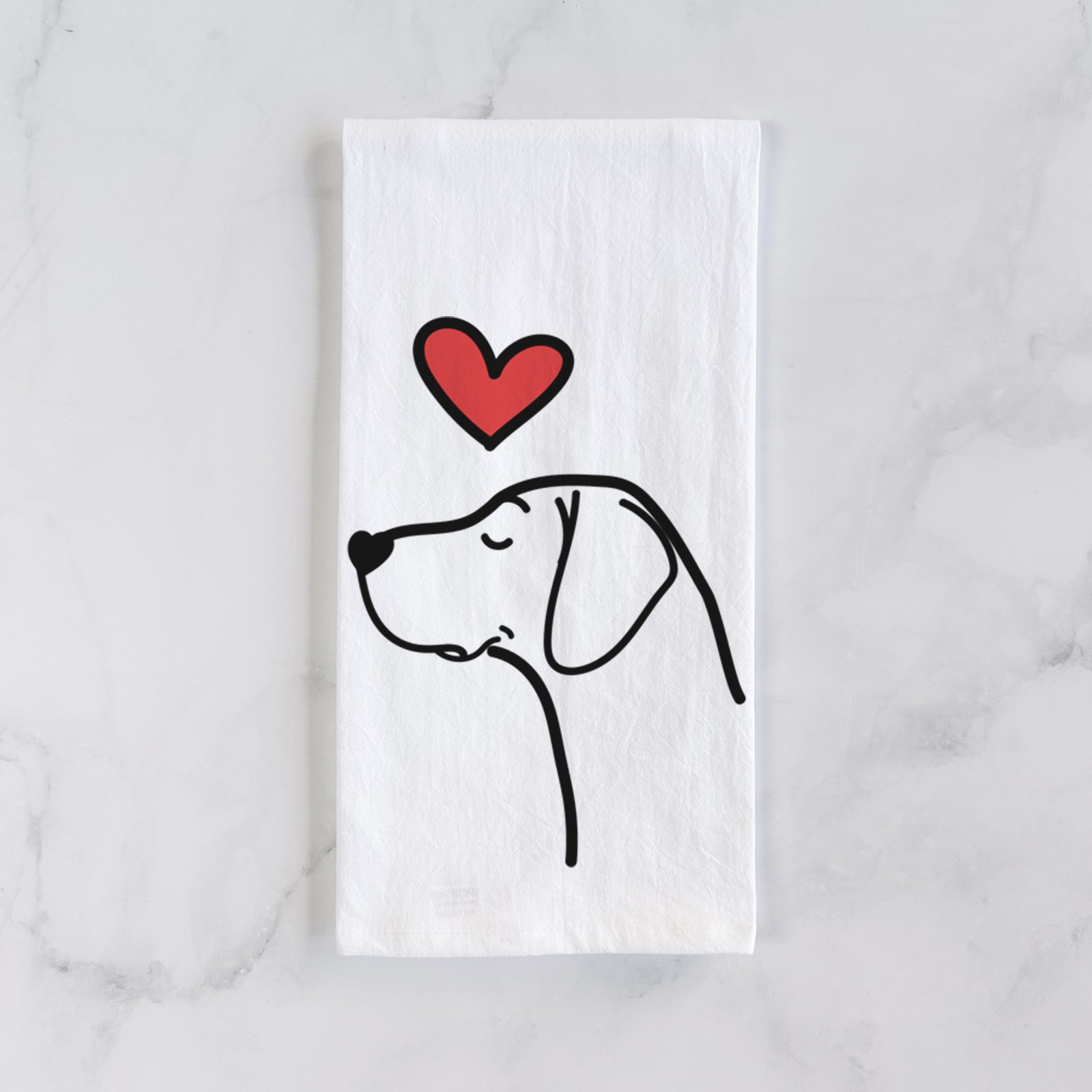 Minimalist line drawing of a German Shorthaired Pointer with a red heart on a tea towel