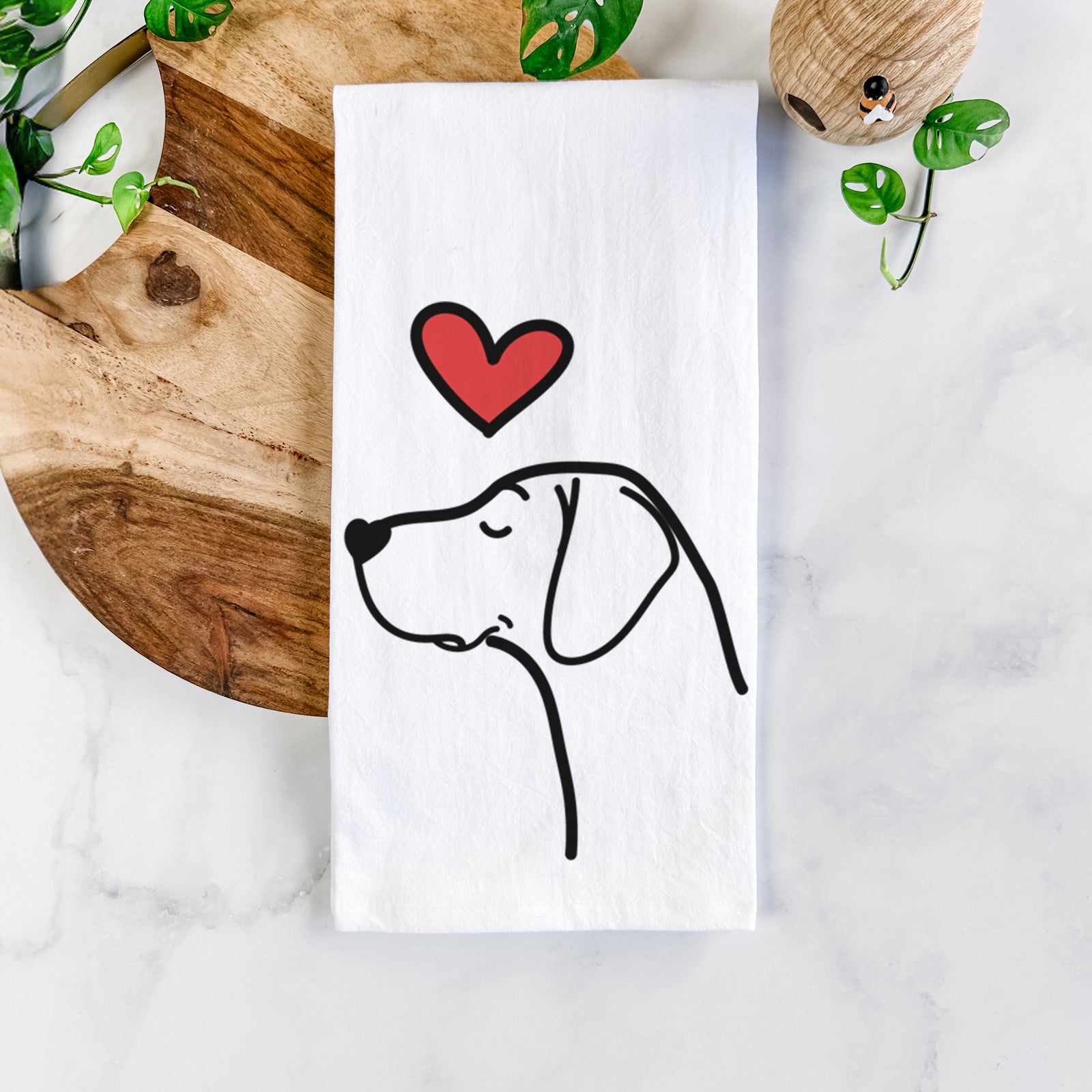 Minimalist line drawing of a German Shorthaired Pointer with a red heart on a tea towel