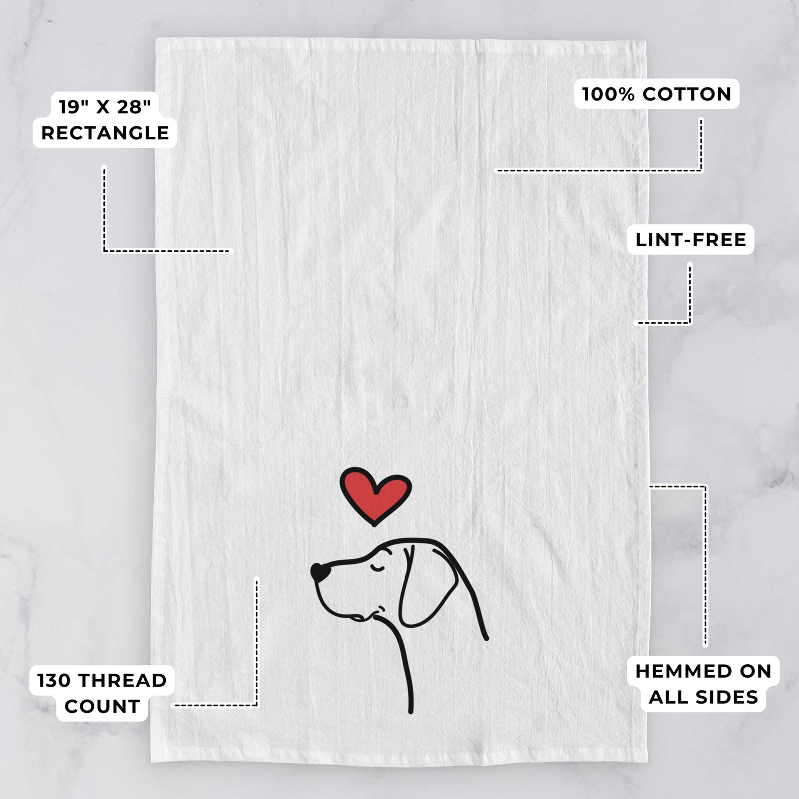 Minimalist line drawing of a German Shorthaired Pointer with a red heart on a tea towel, with feature callouts: 19 x 28 inch rectangle, 100% cotton, lint-free, 120 thread count, hemmed on all sides