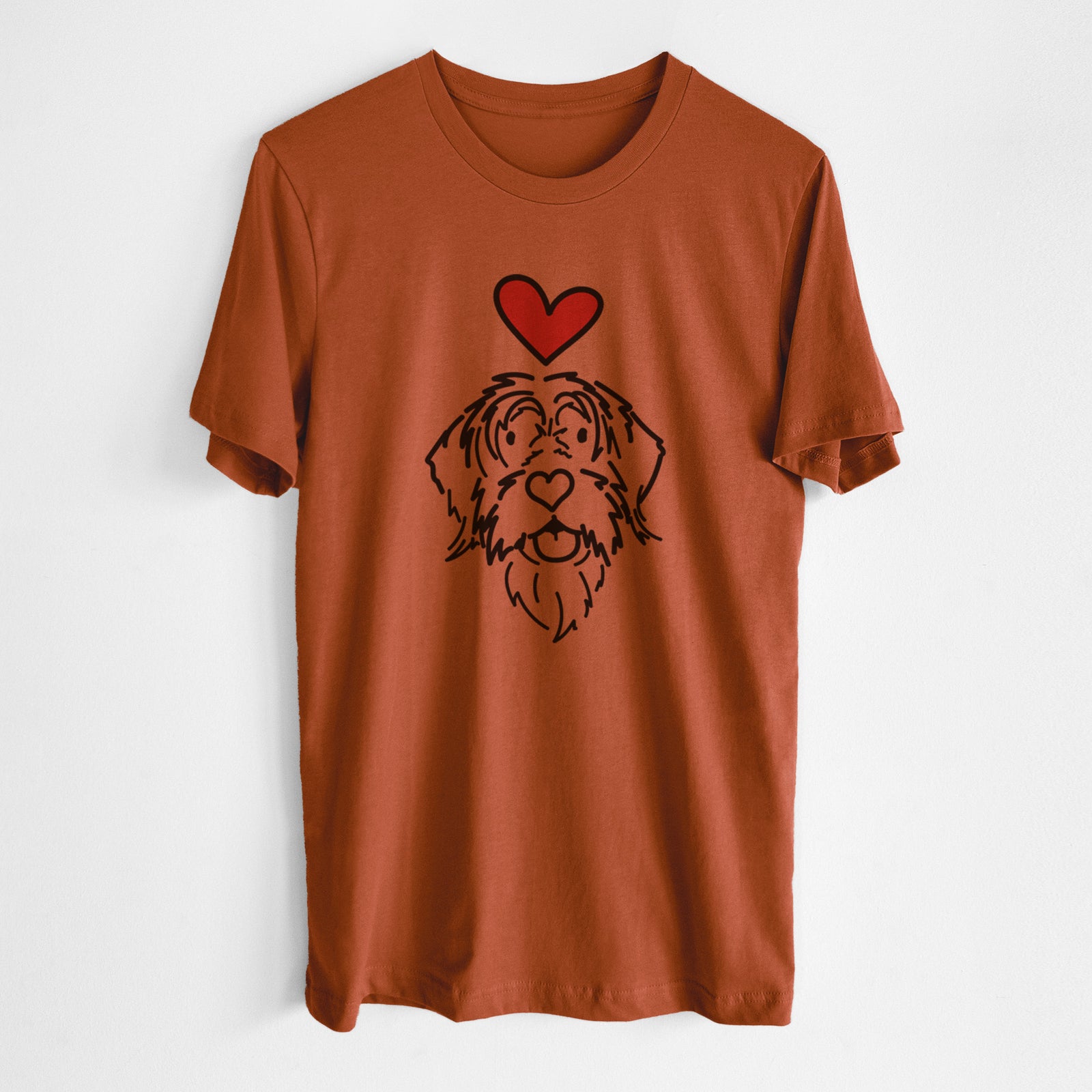 Minimalist line drawing of Gary the Wirehaird Pointing Griffon with a red heart on an Autumn Unisex crewneck, worn by a man