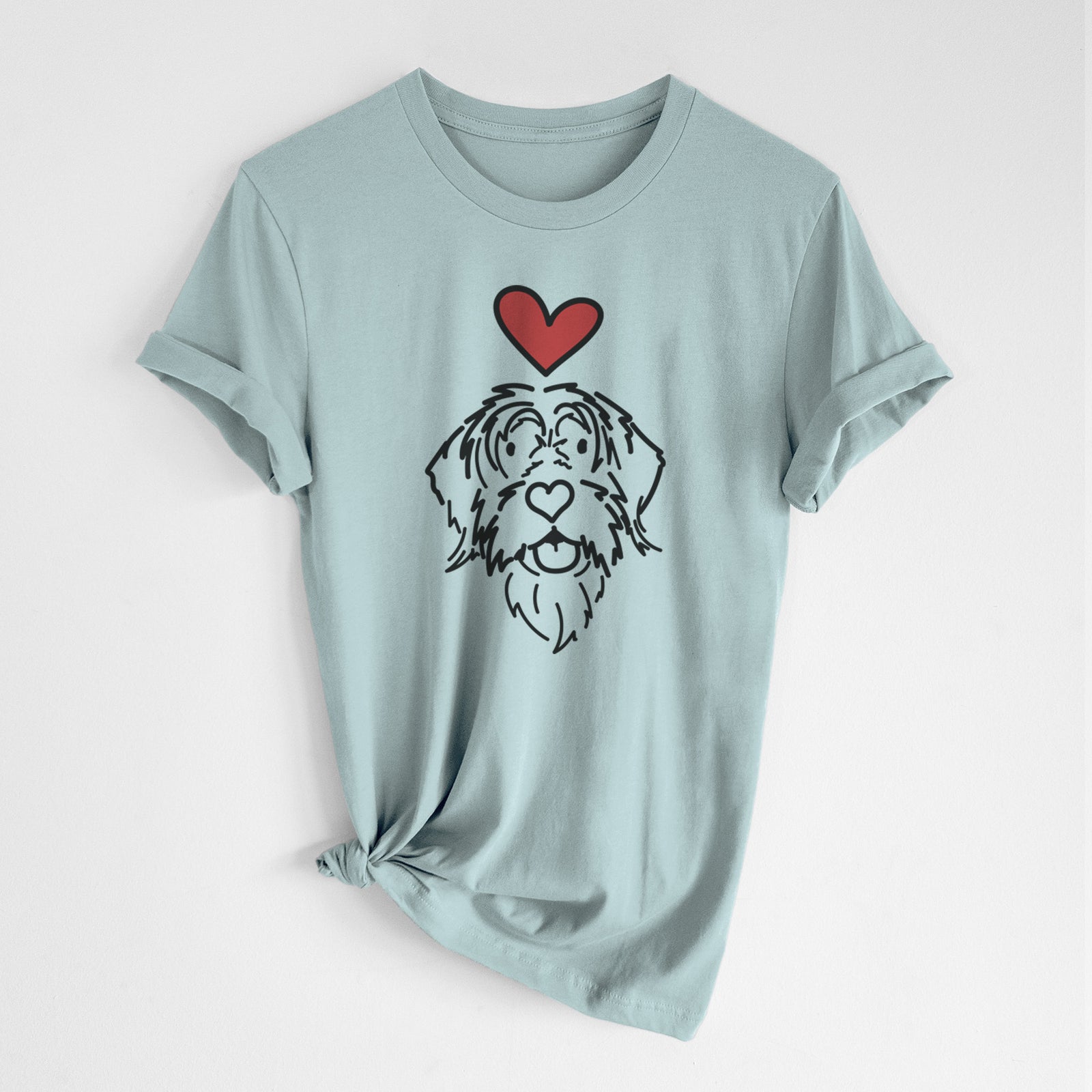 Minimalist line drawing of Gary the Wirehaird Pointing Griffon with a red heart on a Dusty Blue Unisex crewneck, worn by a woman