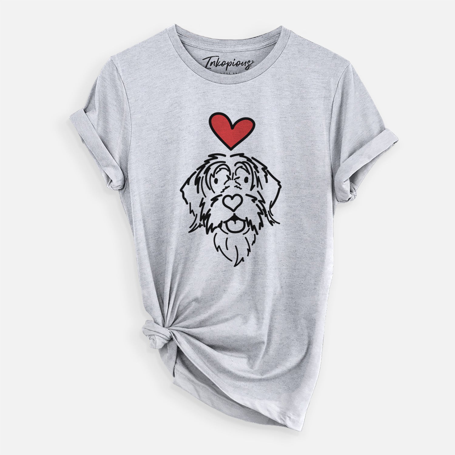 Minimalist line drawing of Gary the Wirehaird Pointing Griffon with a red heart on a Grey Unisex crewneck, worn by a woman