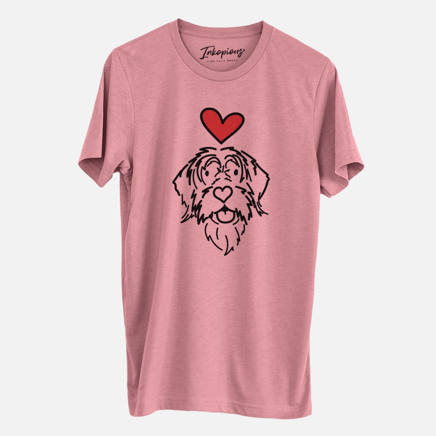 Minimalist line drawing of Gary the Wirehaird Pointing Griffon with a red heart on a Mauve Unisex crewneck, worn by a man