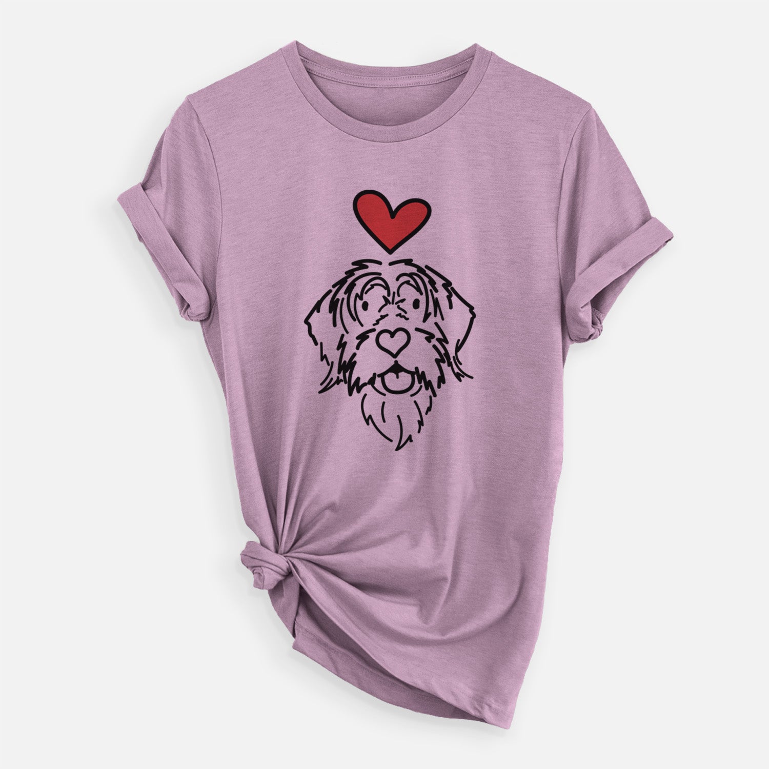 Minimalist line drawing of Gary the Wirehaird Pointing Griffon with a red heart on an Orchid Unisex crewneck, worn by a woman