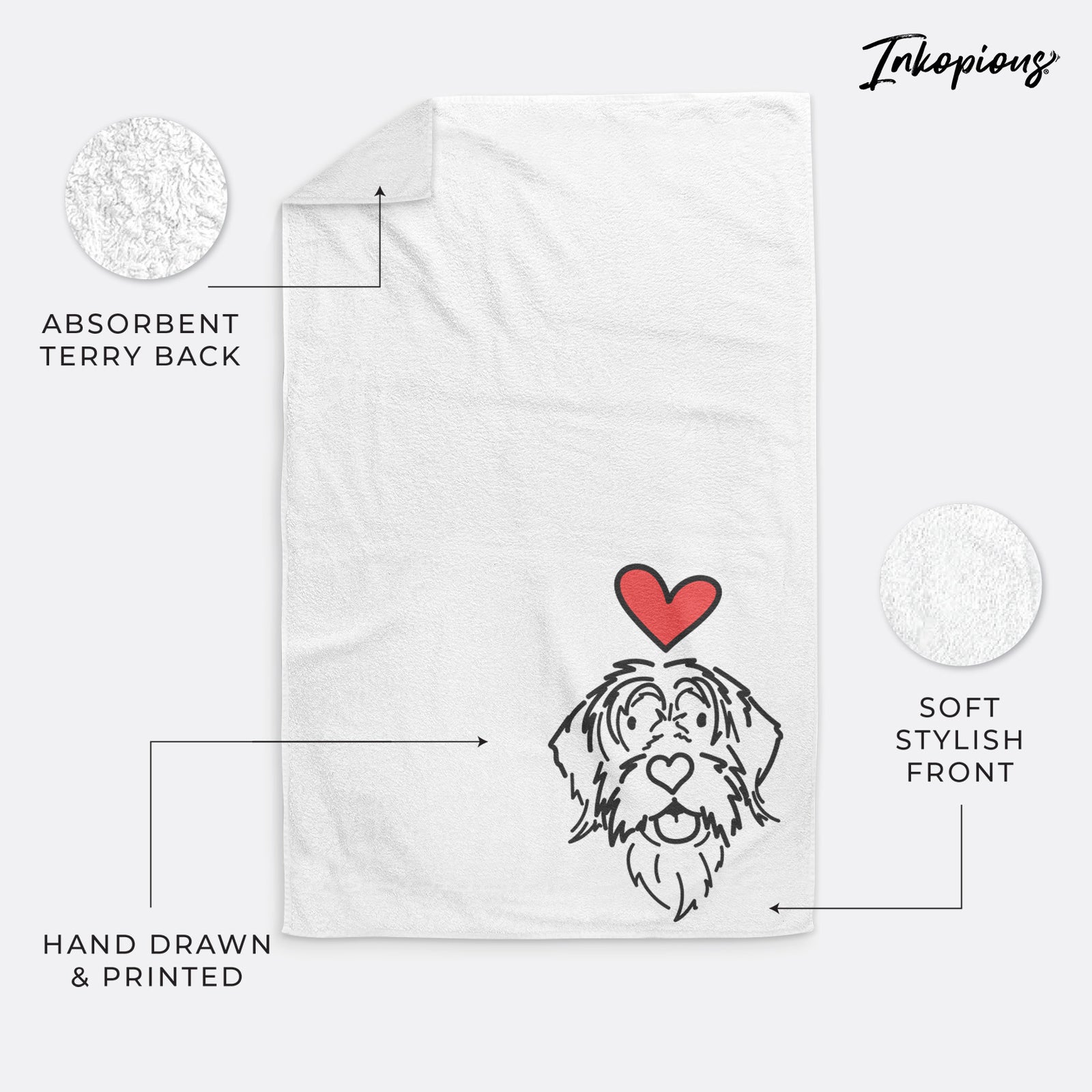 Minimalist line drawing of Gary the Wirehaird Pointing Griffon with a red heart on a hand towel