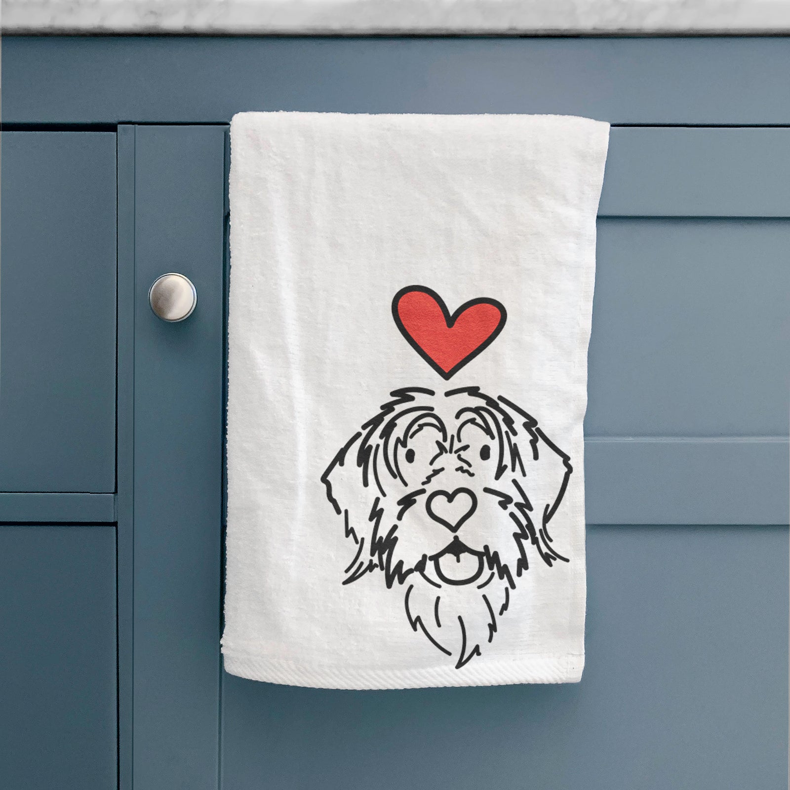 Minimalist line drawing of Gary the Wirehaird Pointing Griffon with a red heart on a hand towel