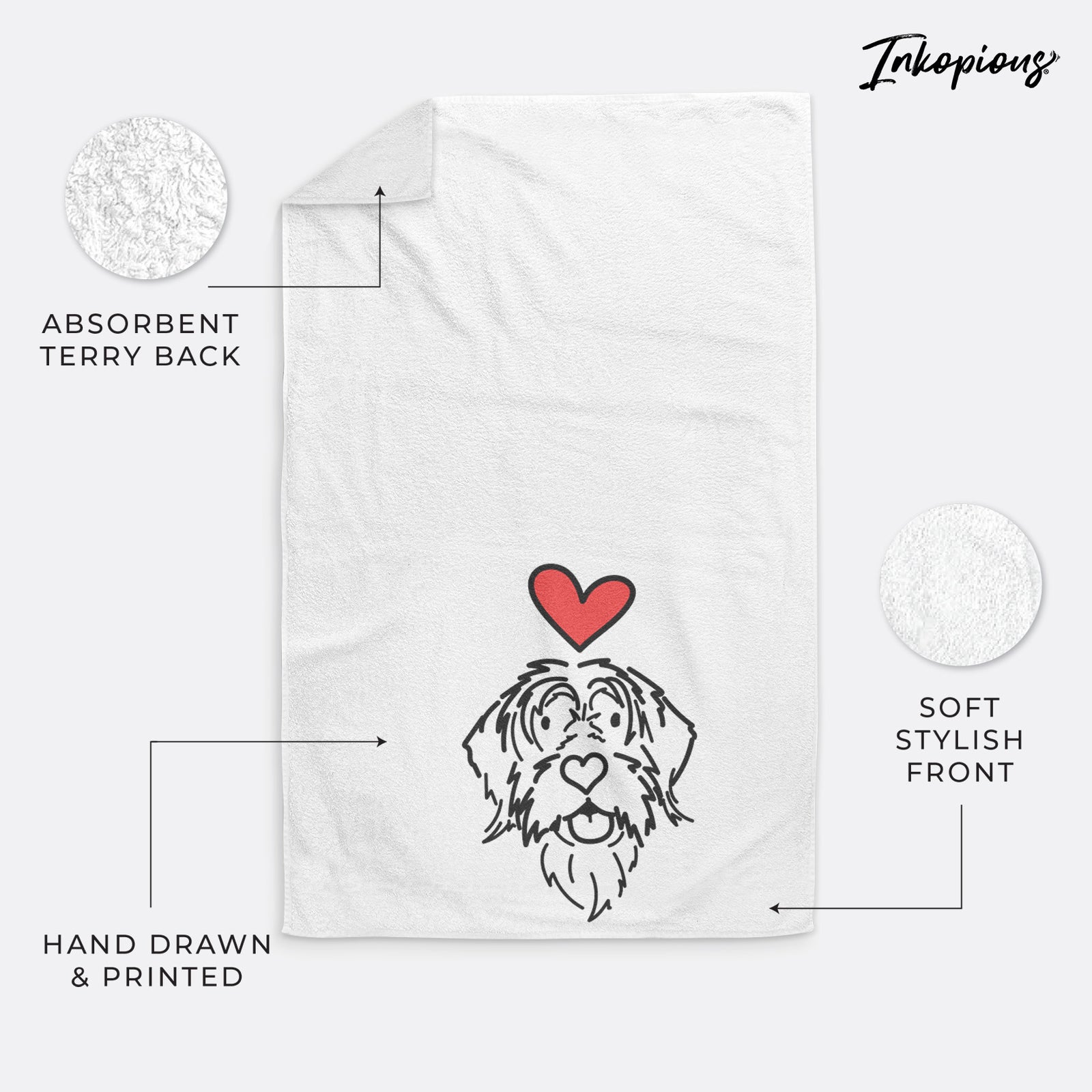 Minimalist line drawing of Gary the Wirehaird Pointing Griffon with a red heart on a hand towel