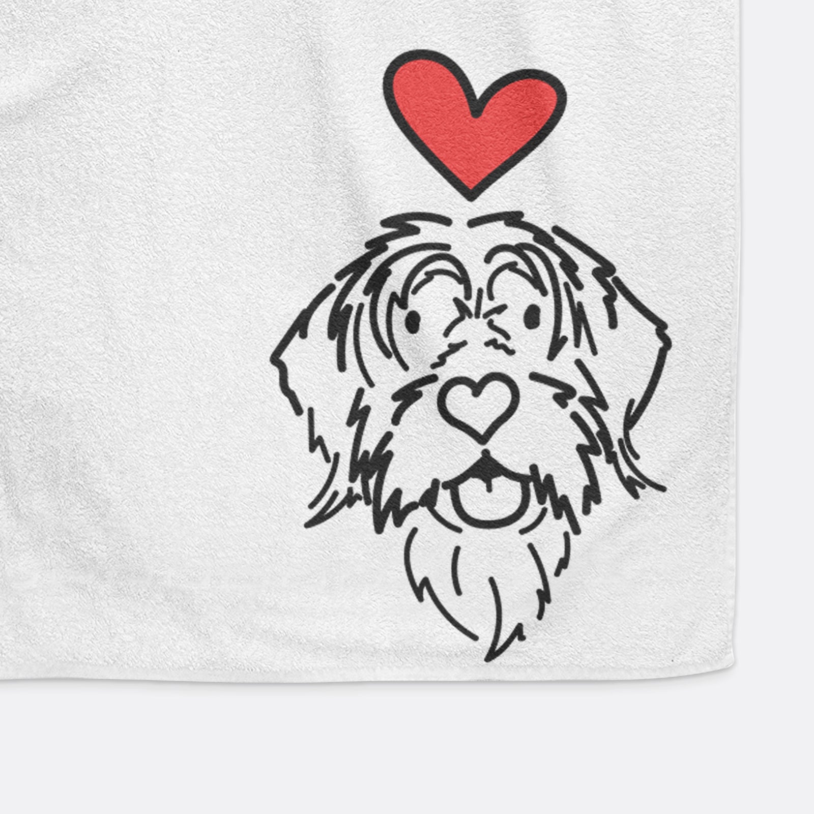 Minimalist line drawing of Gary the Wirehaird Pointing Griffon with a red heart on a hand towel