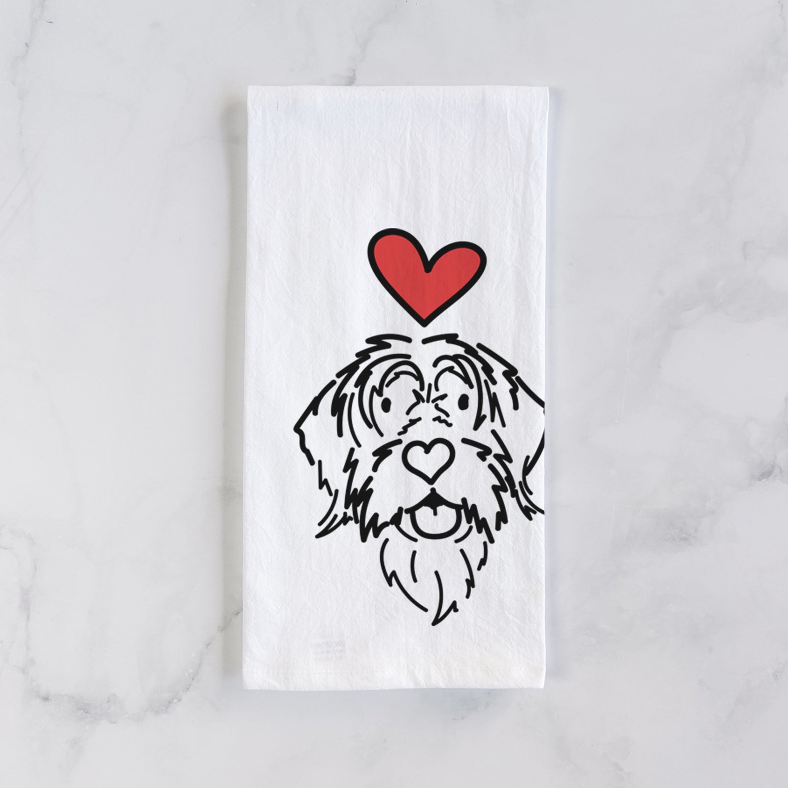 Minimalist line drawing of Gary the Wirehaird Pointing Griffon with a red heart on a tea towel