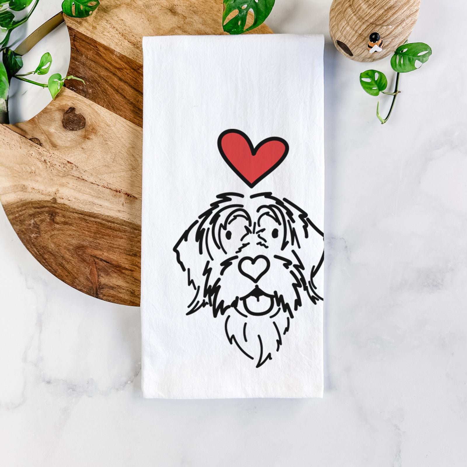 Minimalist line drawing of Gary the Wirehaird Pointing Griffon with a red heart on a tea towel