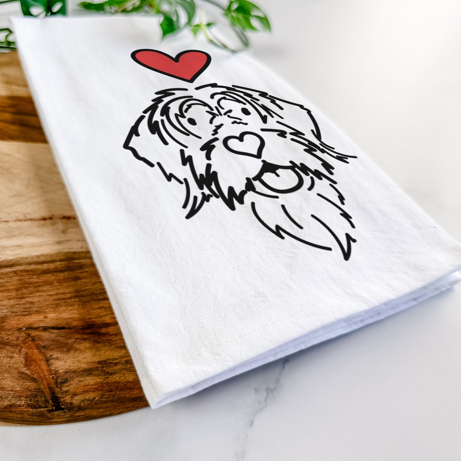 Minimalist line drawing of Gary the Wirehaird Pointing Griffon with a red heart on a tea towel