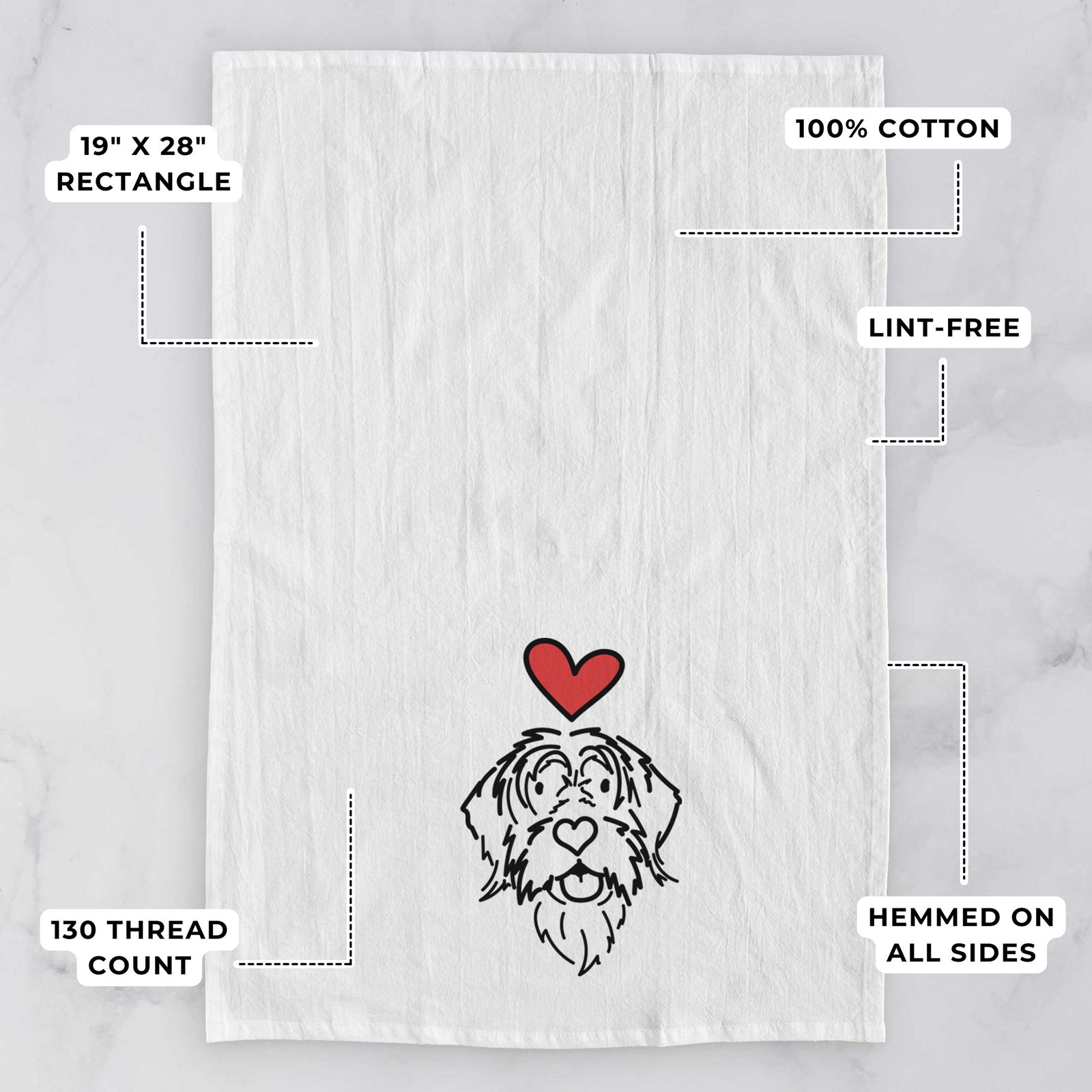 Minimalist line drawing of Gary the Wirehaird Pointing Griffon with a red heart on a tea towel, with feature callouts: 19 x 28 inch rectangle, 100% cotton, lint-free, 120 thread count, hemmed on all sides