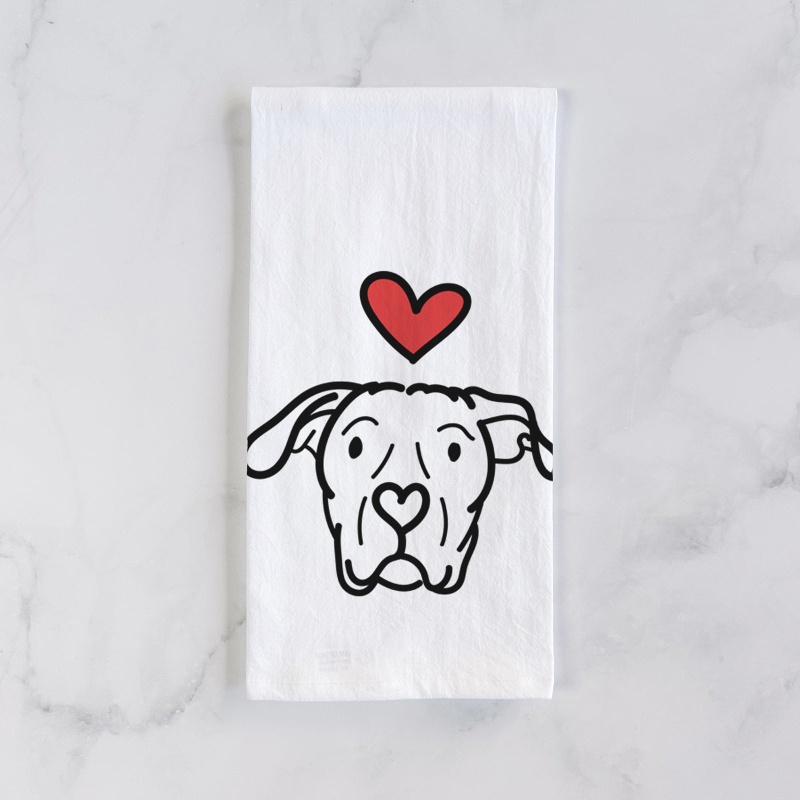 Minimalist line drawing of Genevieve the Dogo Argentino with a red heart on a tea towel