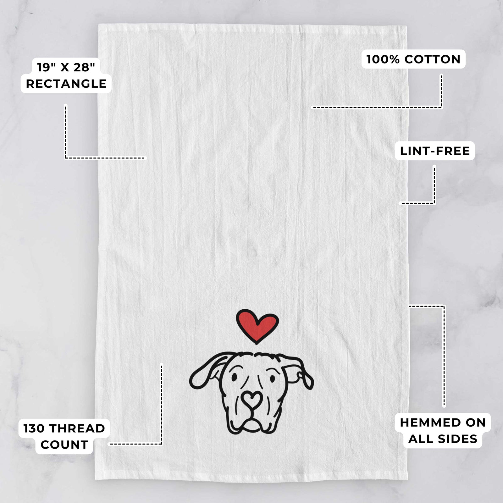 Minimalist line drawing of Genevieve the Dogo Argentino with a red heart on a tea towel, with feature callouts: 19 x 28 inch rectangle, 100% cotton, lint-free, 120 thread count, hemmed on all sides