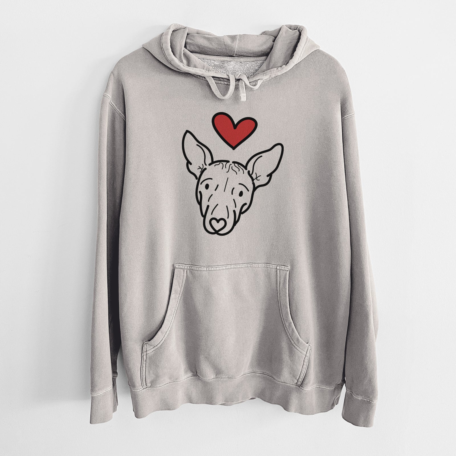 Minimalist line drawing of Georgia the American Hairless Terrier with a red heart on a Cement Unisex pigment dyed hoodie