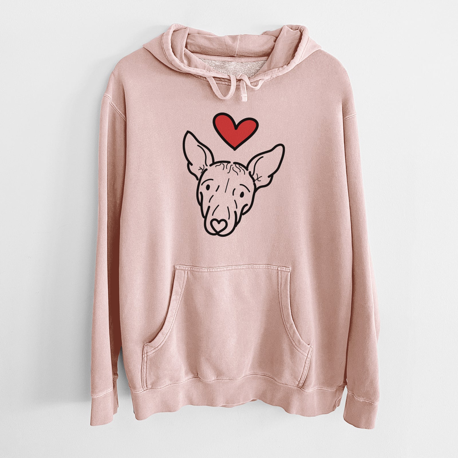 Minimalist line drawing of Georgia the American Hairless Terrier with a red heart on a Dusty Pink Unisex pigment dyed hoodie