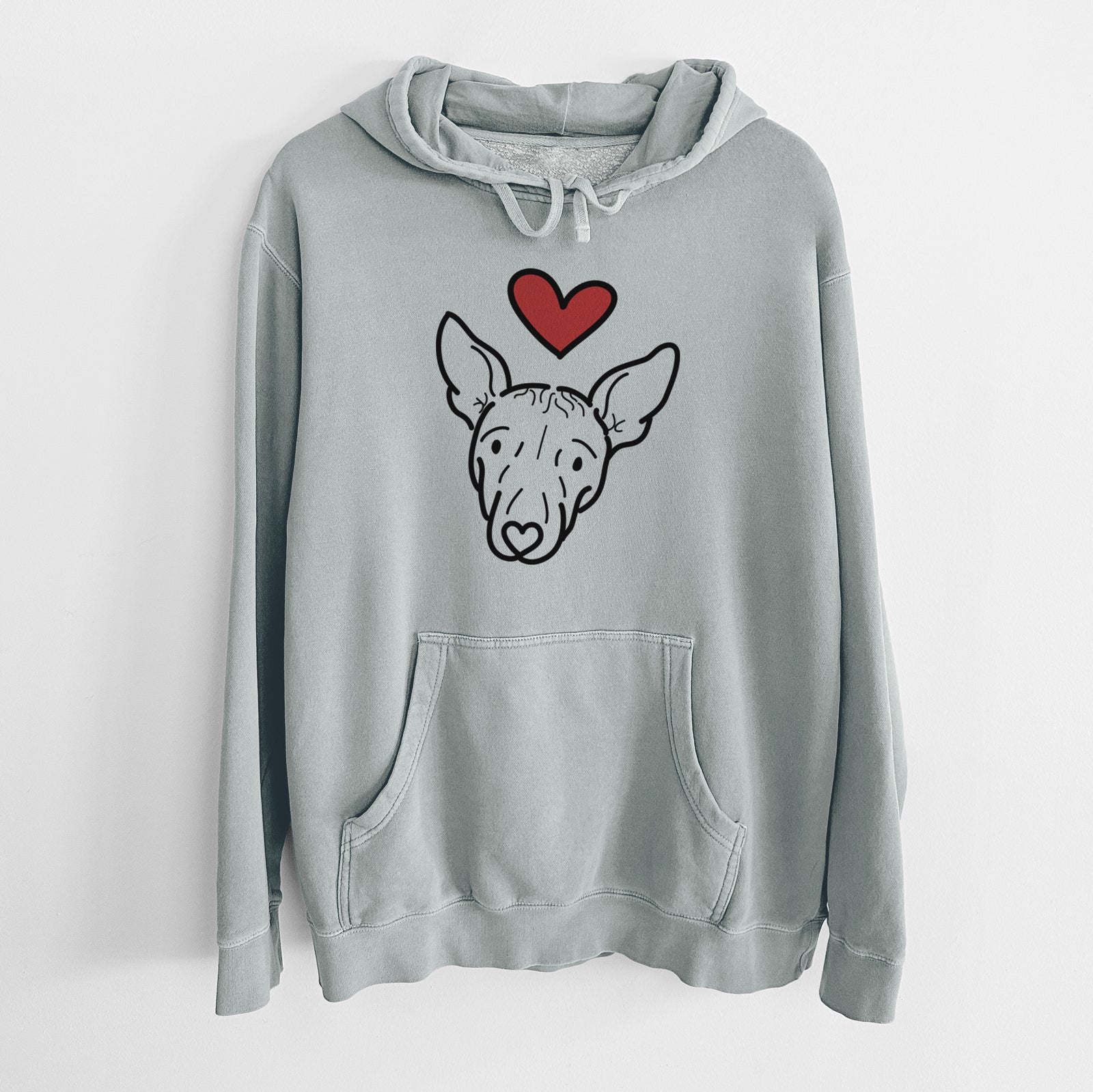 Minimalist line drawing of Georgia the American Hairless Terrier with a red heart on a Sage Unisex pigment dyed hoodie