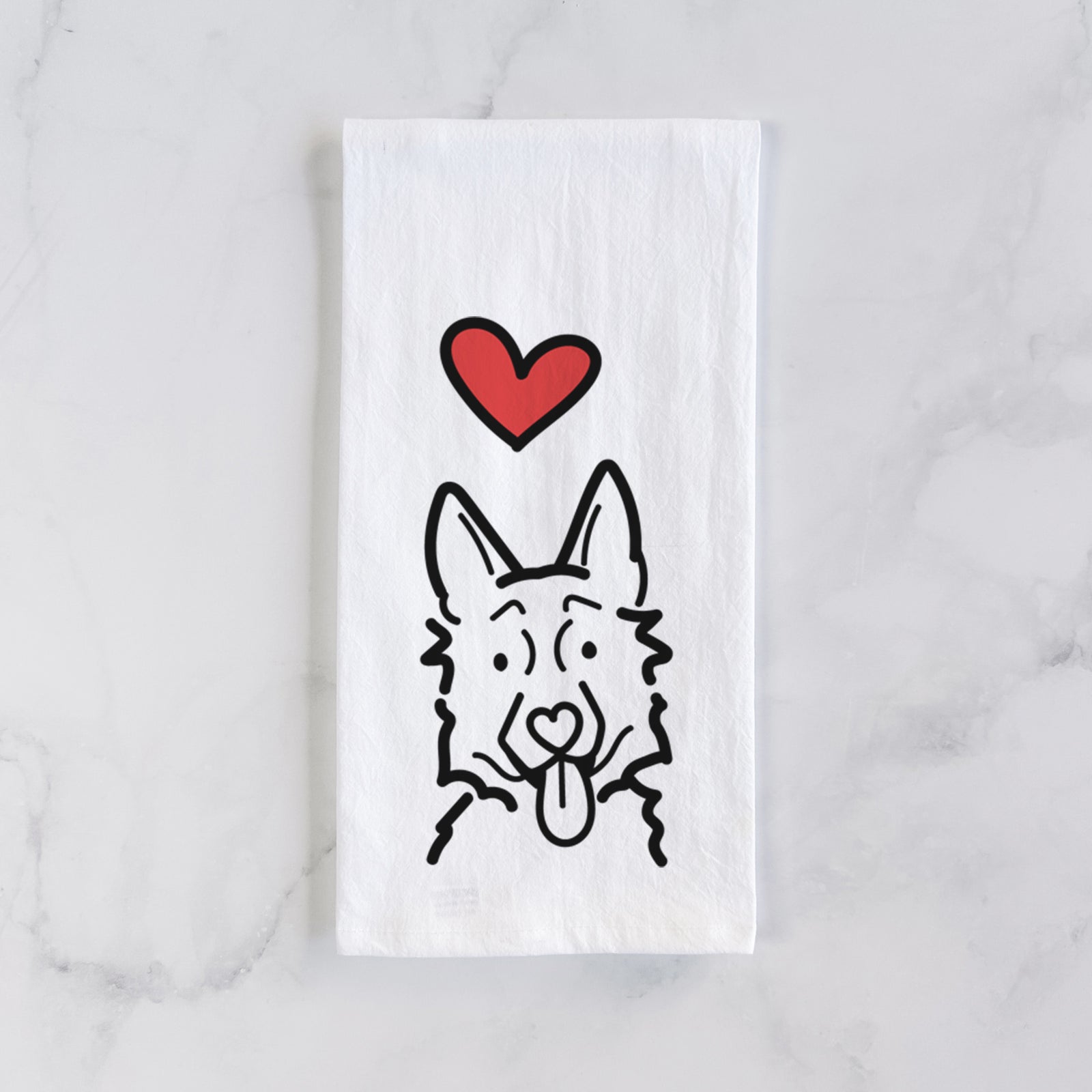 Minimalist line drawing of a German Shepherd with a red heart on a tea towel