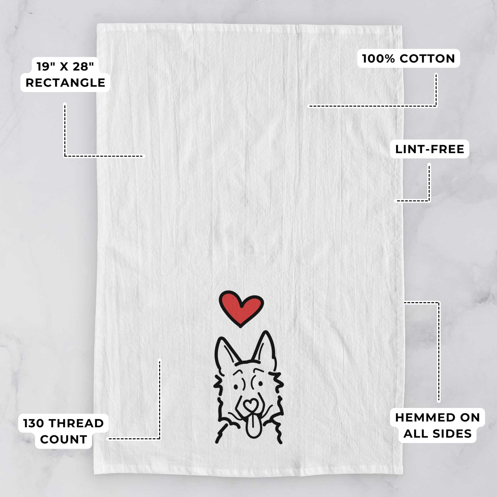 Minimalist line drawing of a German Shepherd with a red heart on a tea towel, with feature callouts: 19 x 28 inch rectangle, 100% cotton, lint-free, 120 thread count, hemmed on all sides