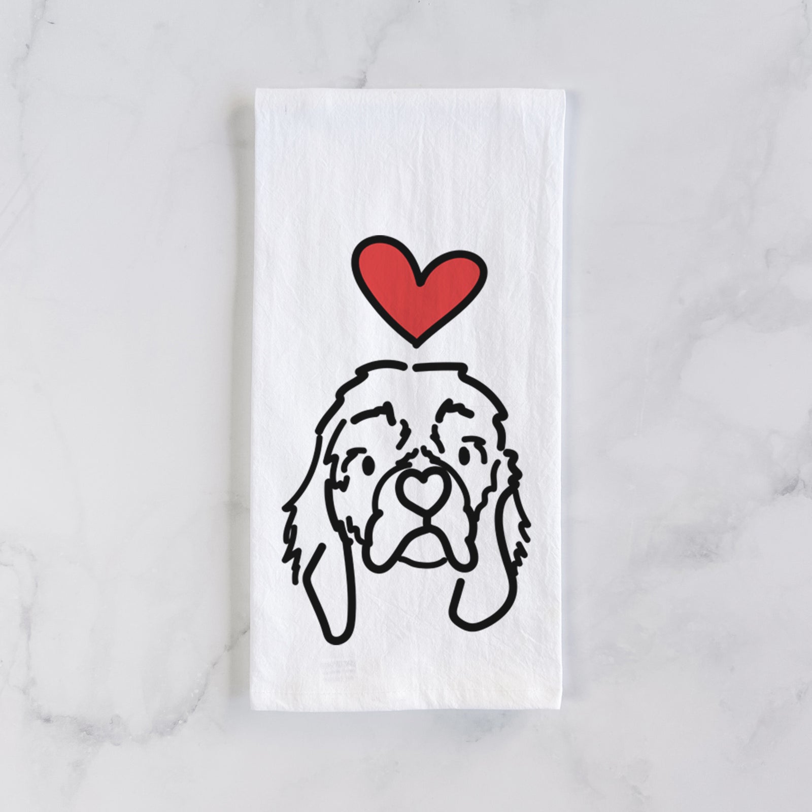 Minimalist line drawing of GiGi the Cocker Spaniel with a red heart on a tea towel
