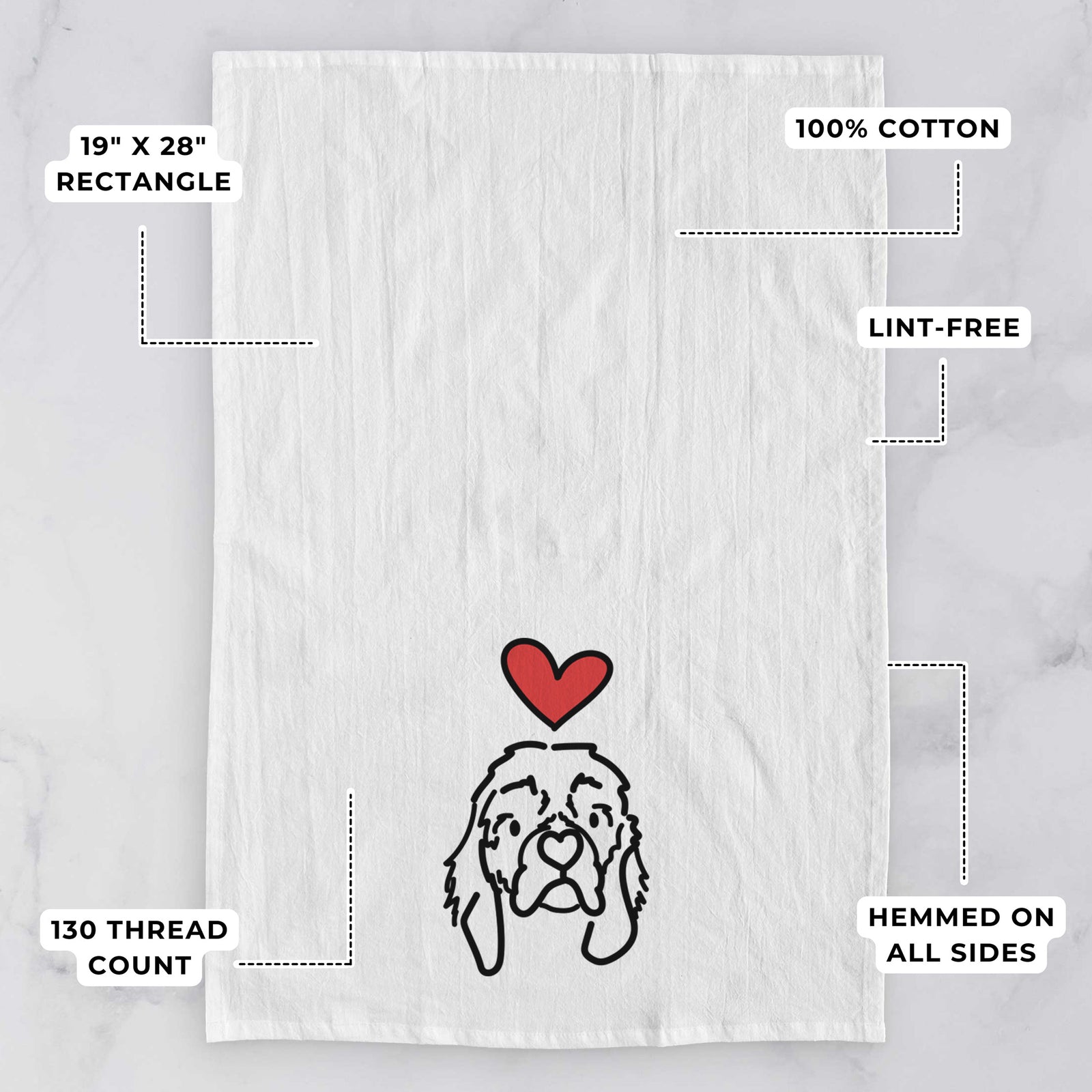 Minimalist line drawing of GiGi the Cocker Spaniel with a red heart on a tea towel, with feature callouts: 19 x 28 inch rectangle, 100% cotton, lint-free, 120 thread count, hemmed on all sides