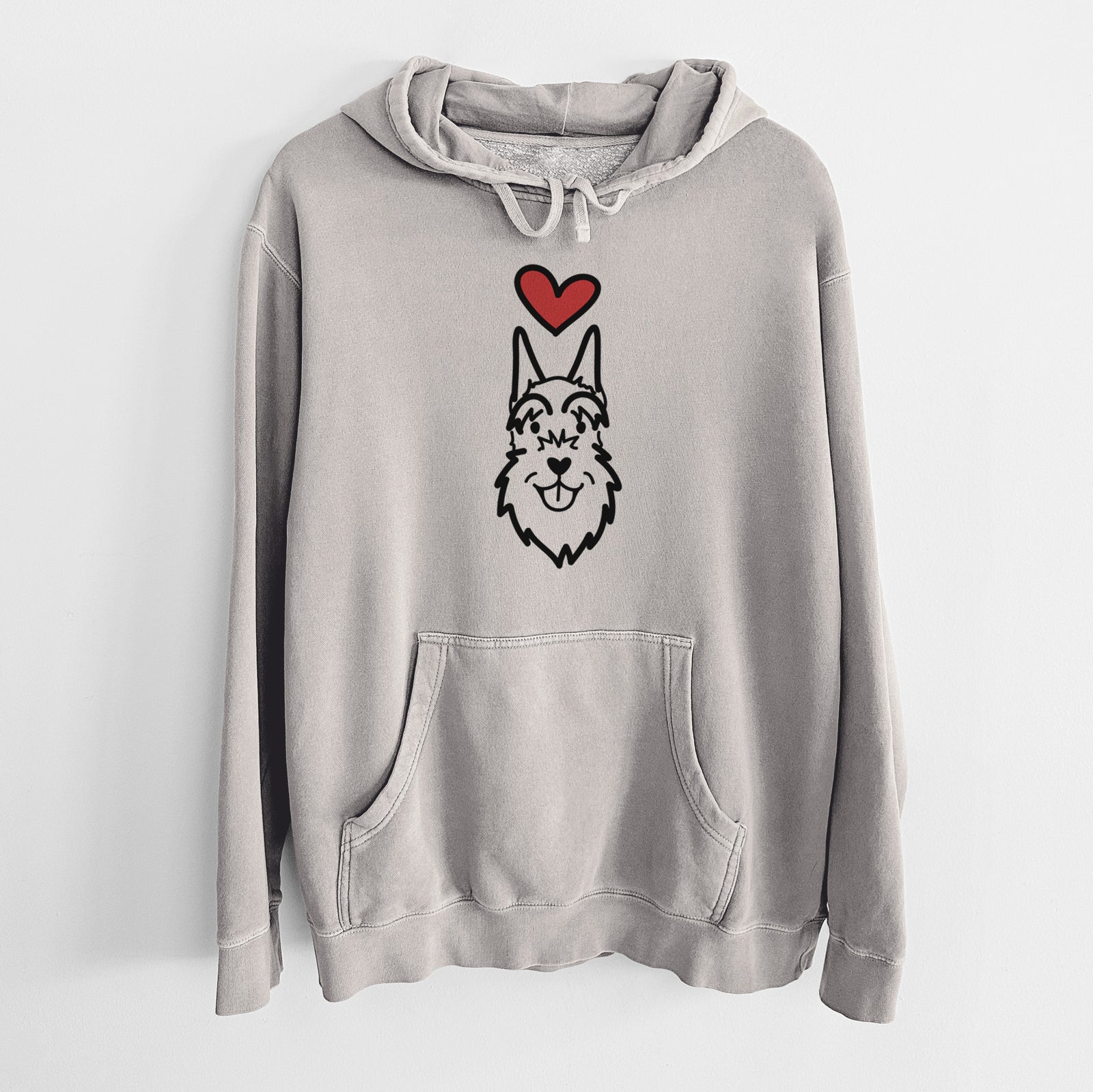 Minimalist line drawing of a Schnauzer Cropped Ears with a red heart on a Cement Unisex pigment dyed hoodie