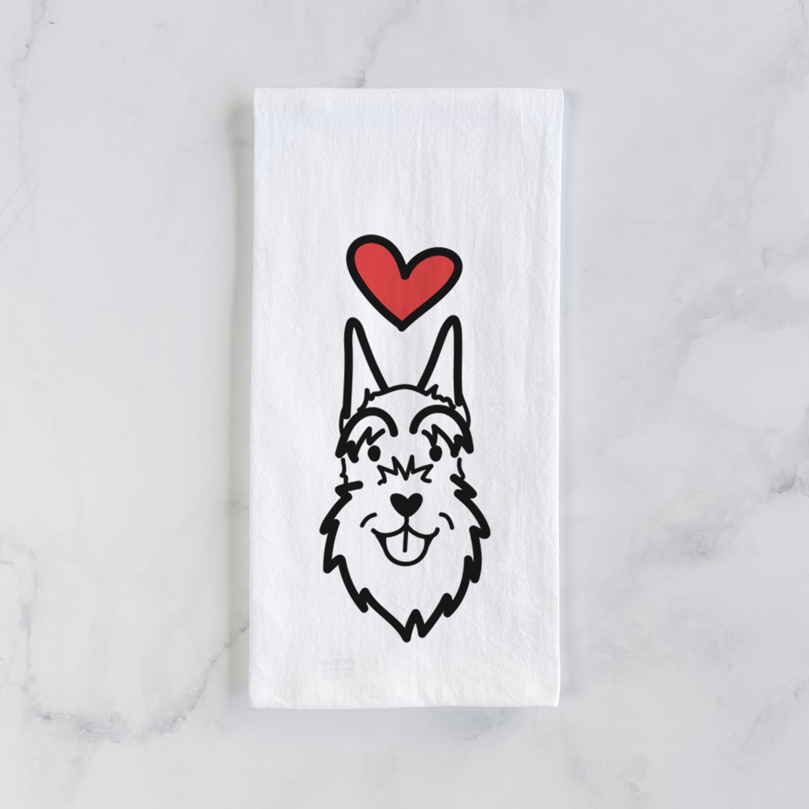 Minimalist line drawing of a Schnauzer Cropped Ears with a red heart on a tea towel