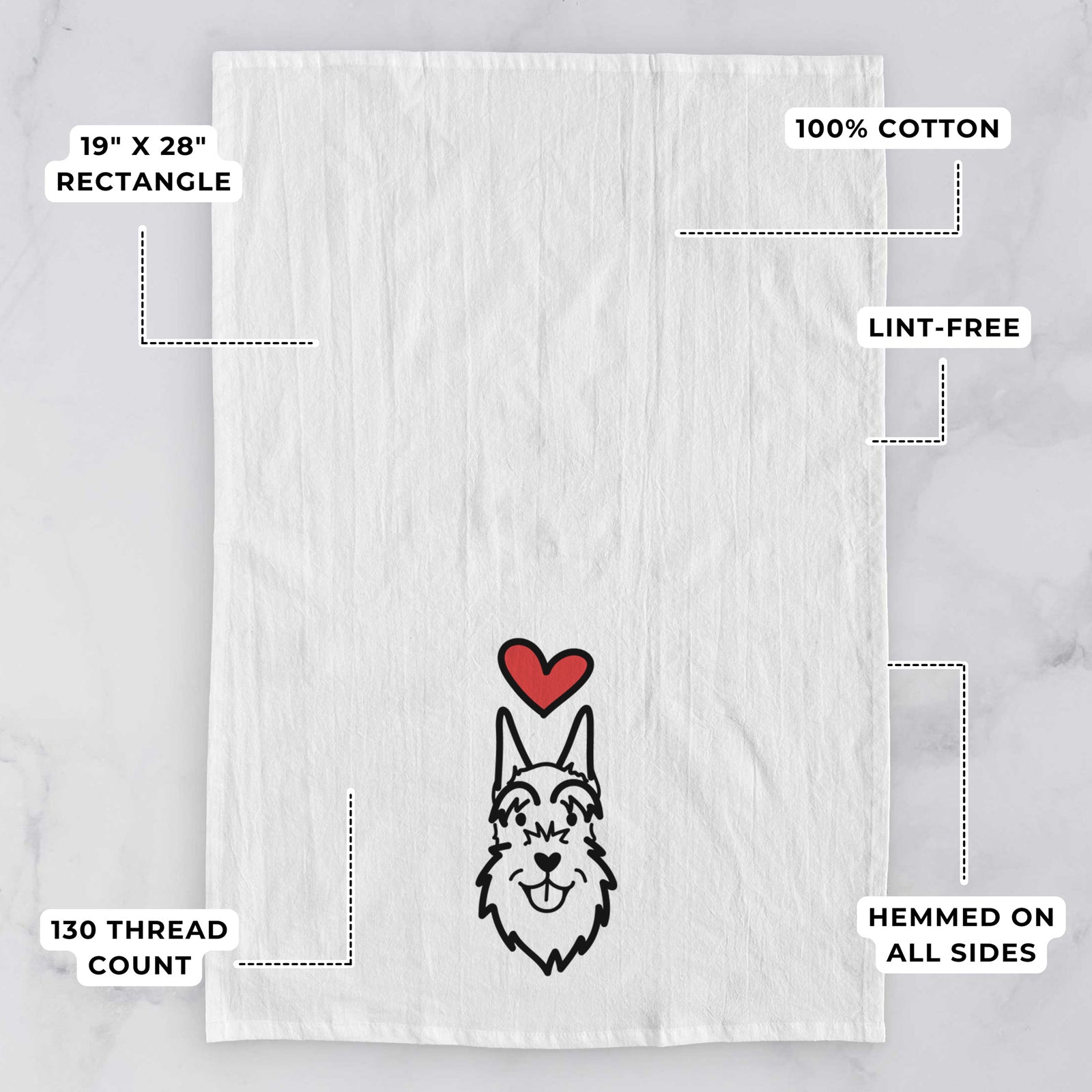 Minimalist line drawing of a Schnauzer Cropped Ears with a red heart on a tea towel, with feature callouts: 19 x 28 inch rectangle, 100% cotton, lint-free, 120 thread count, hemmed on all sides