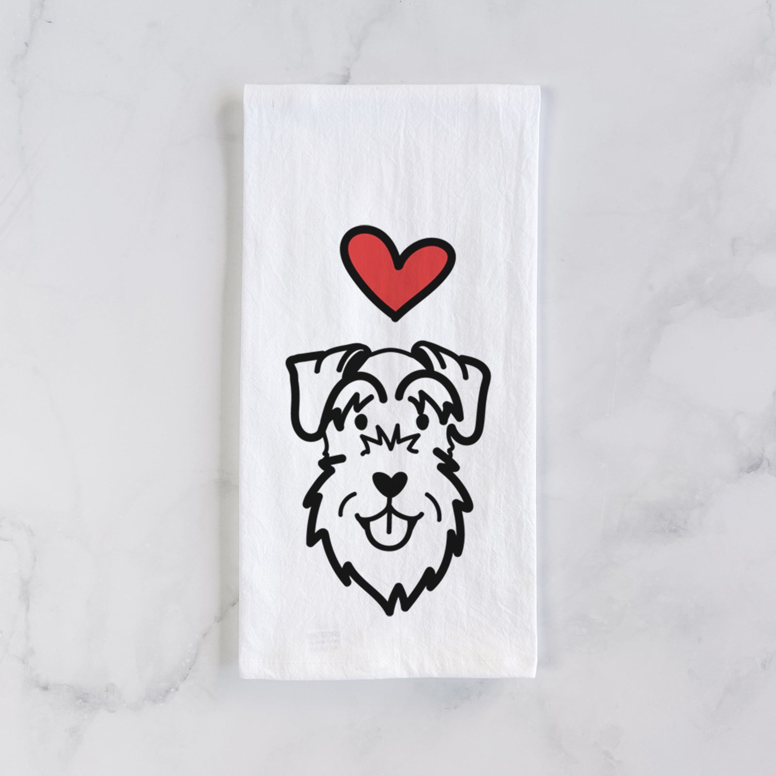Minimalist line drawing of a Schnauzer Natural Ears with a red heart on a tea towel