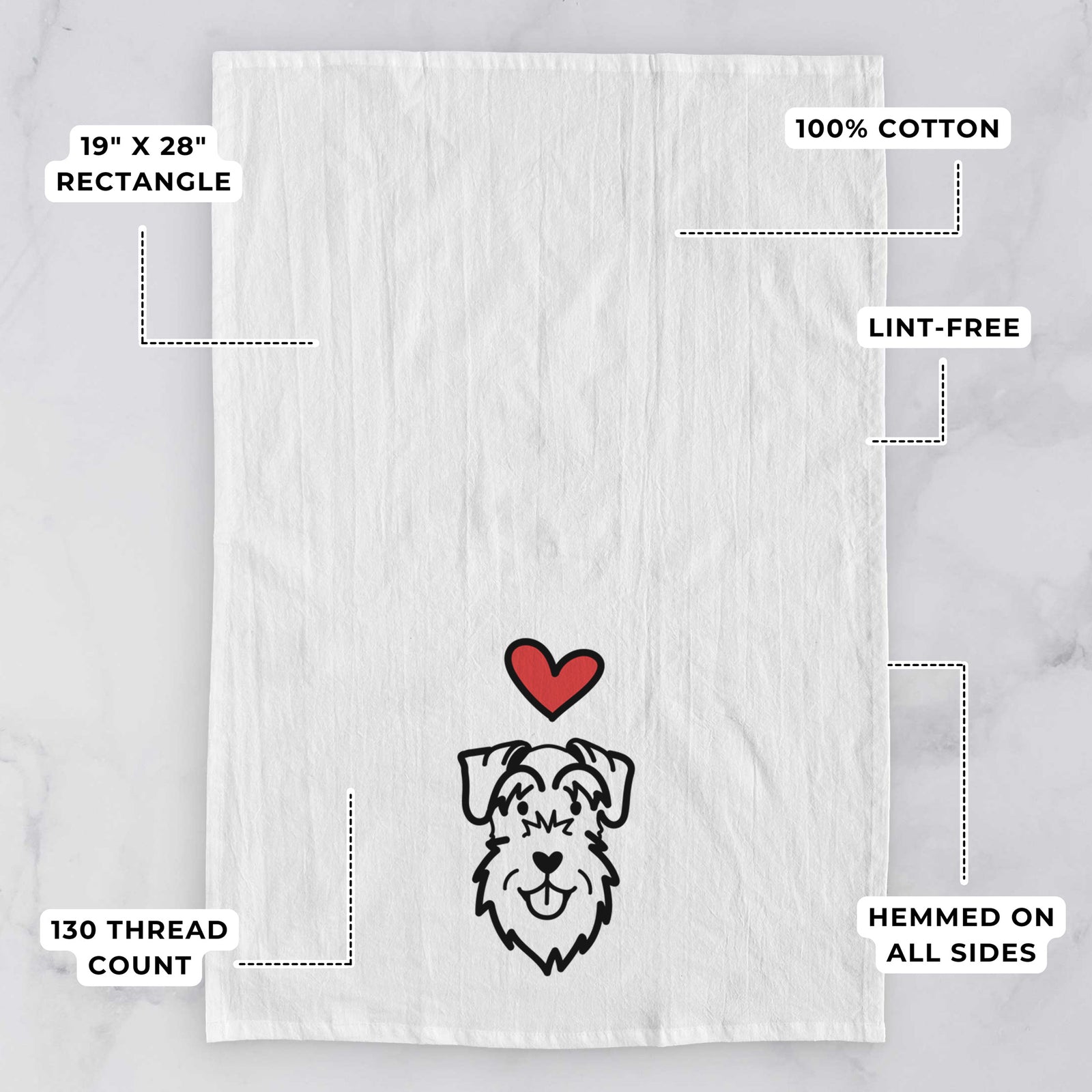 Minimalist line drawing of a Schnauzer Natural Ears with a red heart on a tea towel, with feature callouts: 19 x 28 inch rectangle, 100% cotton, lint-free, 120 thread count, hemmed on all sides