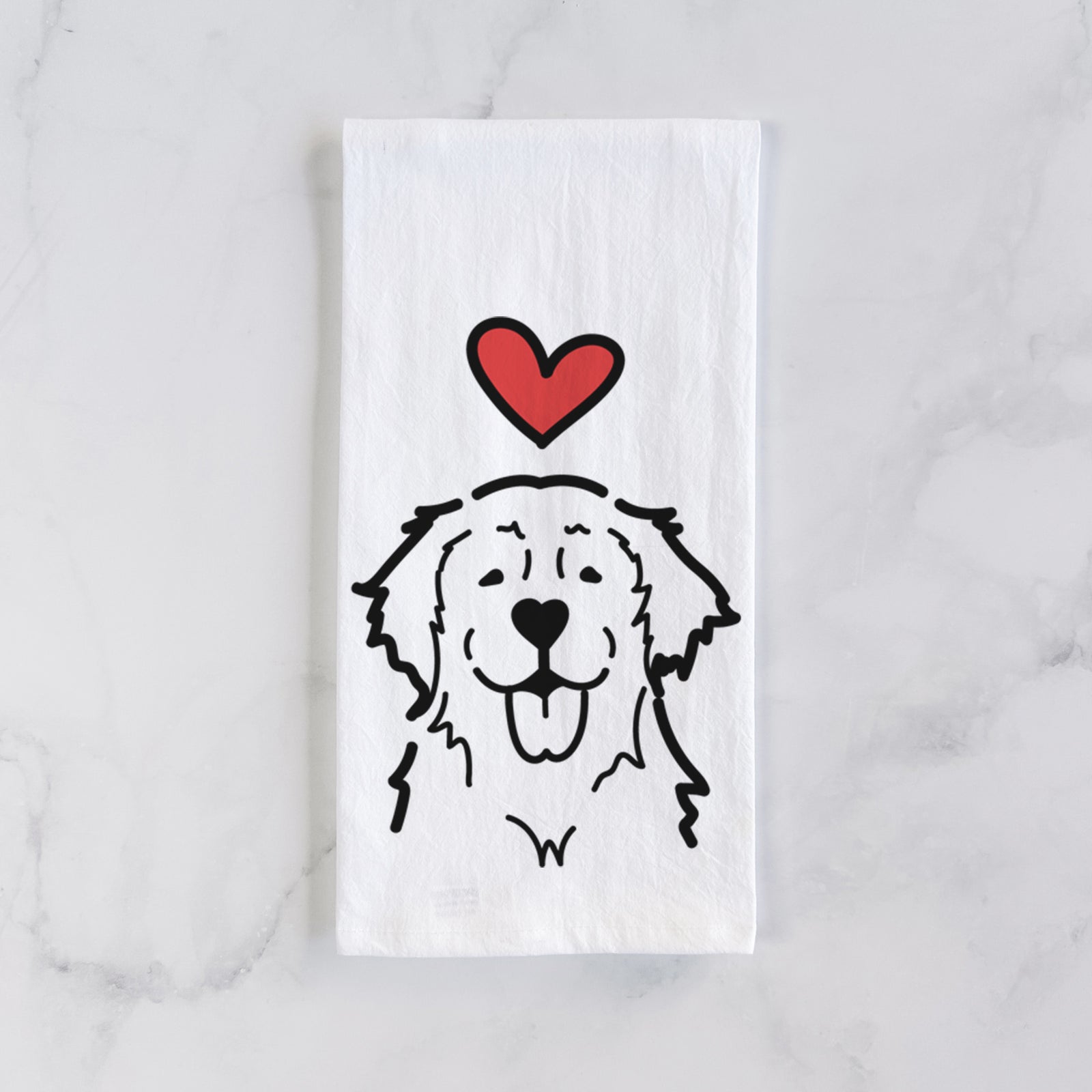 Minimalist line drawing of a Golden Retriever with a red heart on a tea towel