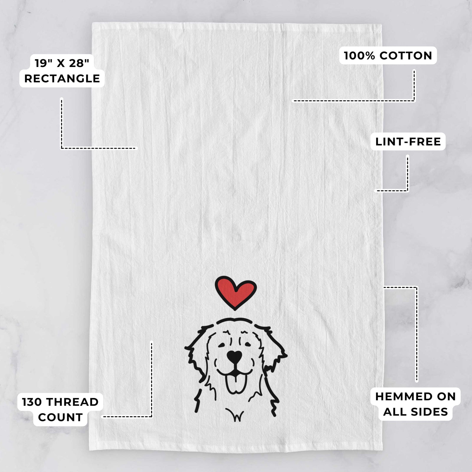 Minimalist line drawing of a Golden Retriever with a red heart on a tea towel, with feature callouts: 19 x 28 inch rectangle, 100% cotton, lint-free, 120 thread count, hemmed on all sides