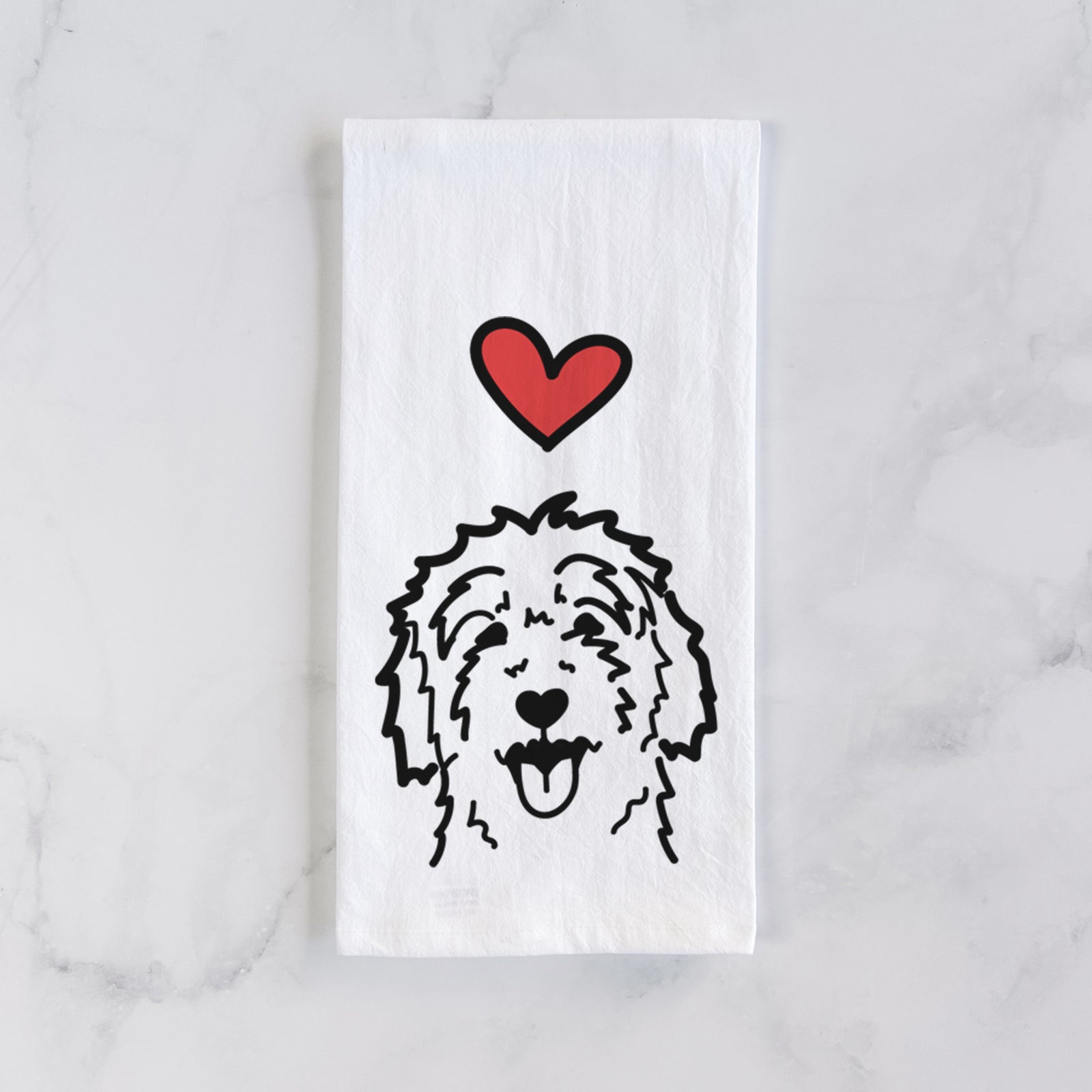 Minimalist line drawing of a Goldendoodle with a red heart on a tea towel