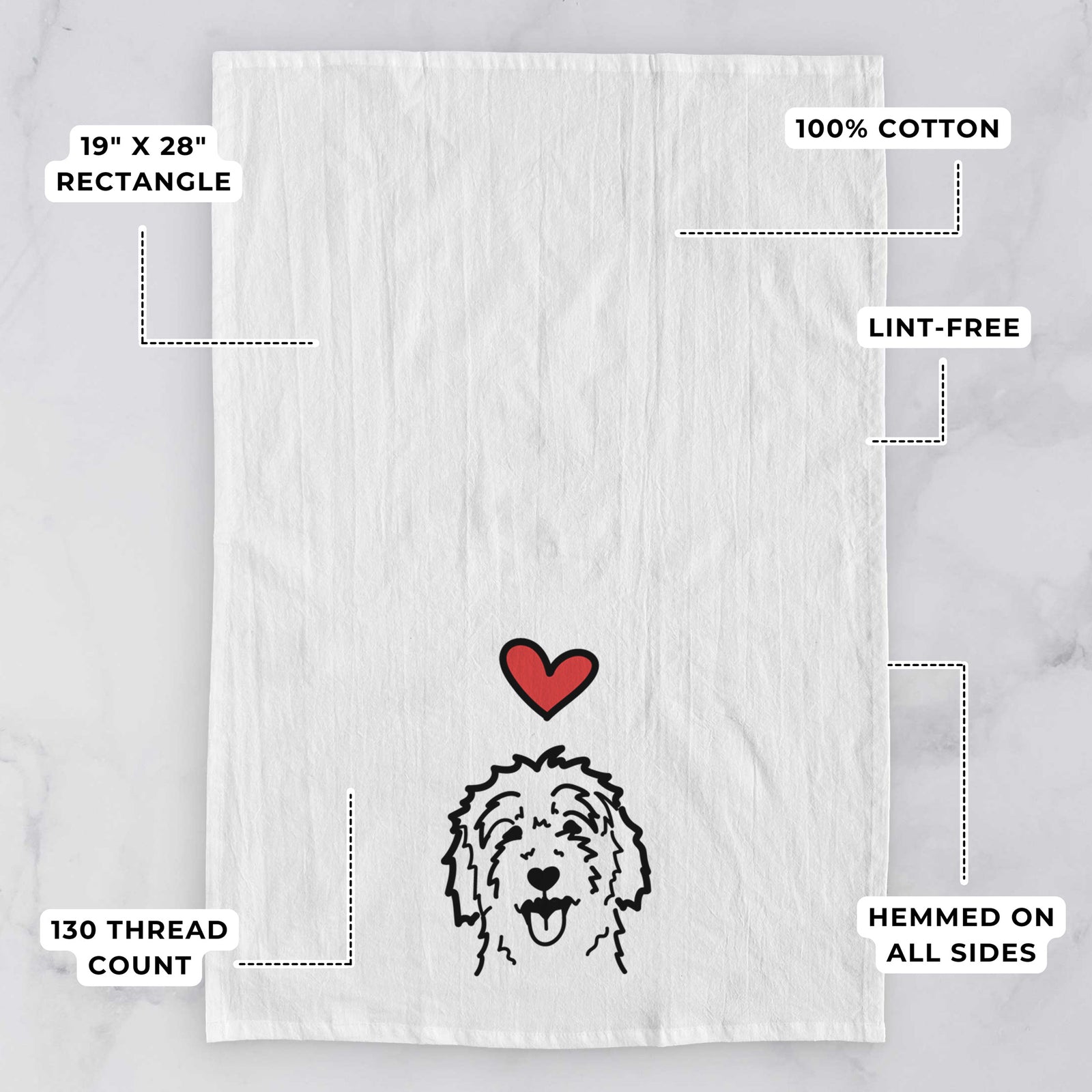 Minimalist line drawing of a Goldendoodle with a red heart on a tea towel, with feature callouts: 19 x 28 inch rectangle, 100% cotton, lint-free, 120 thread count, hemmed on all sides